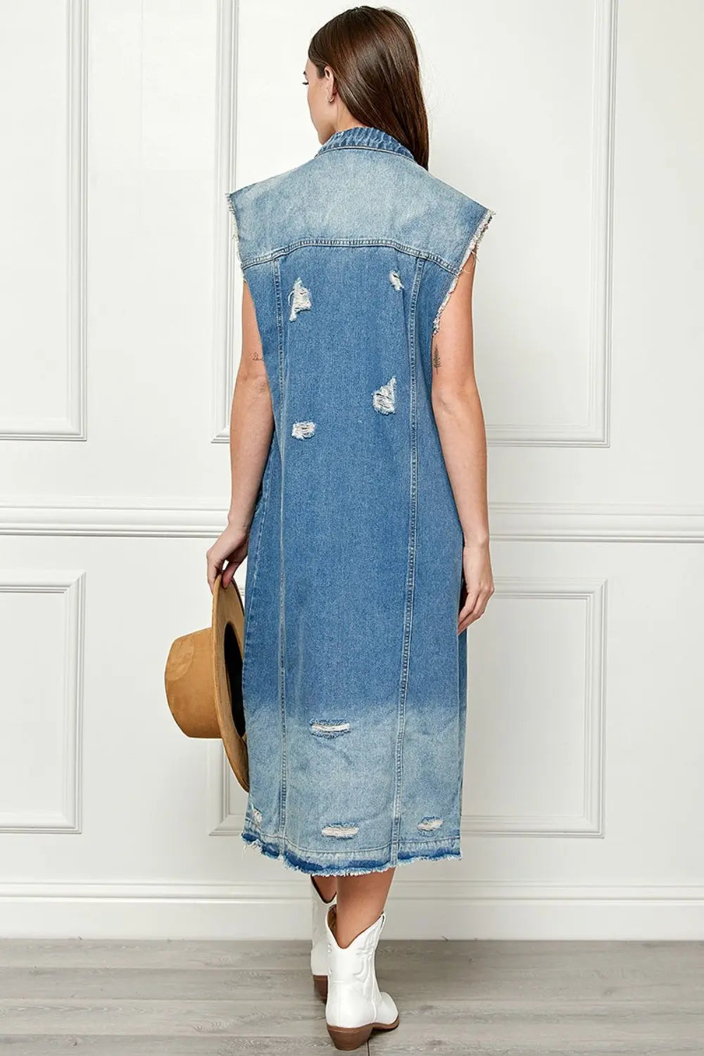 Full Size Distressed Sleeveless Longline Denim Jacket - GlossiChic Collection MEDWASH / S GlossiChic Collection Blazer & Cardigan