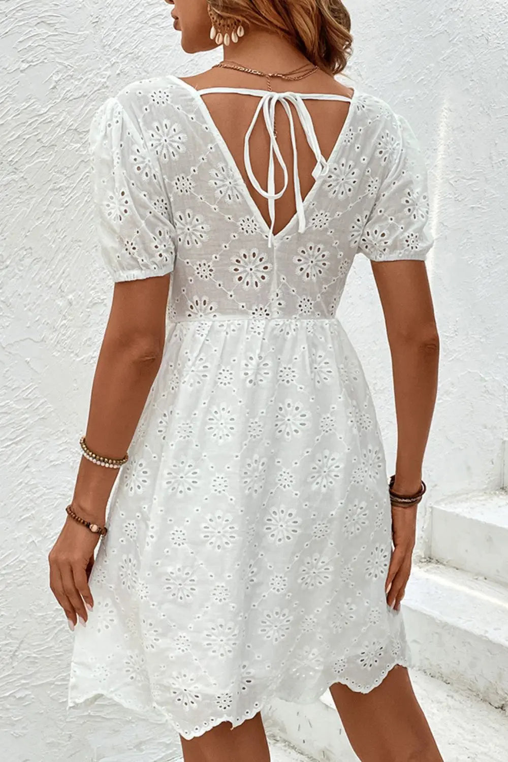 Tied V-Neck Short Sleeve Mini Dress - GlossiChic Collection White / S GlossiChic Collection Dresses