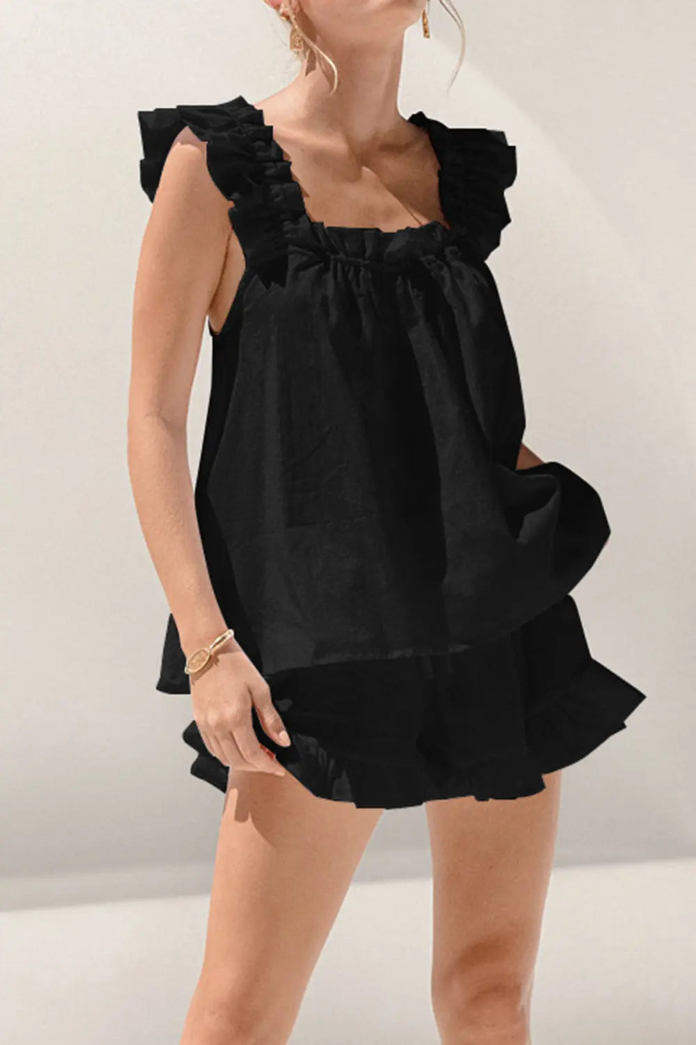 Ruffled Square Neck Top and Shorts Set - GlossiChic Collection Black / S GlossiChic Collection Outfit Sets