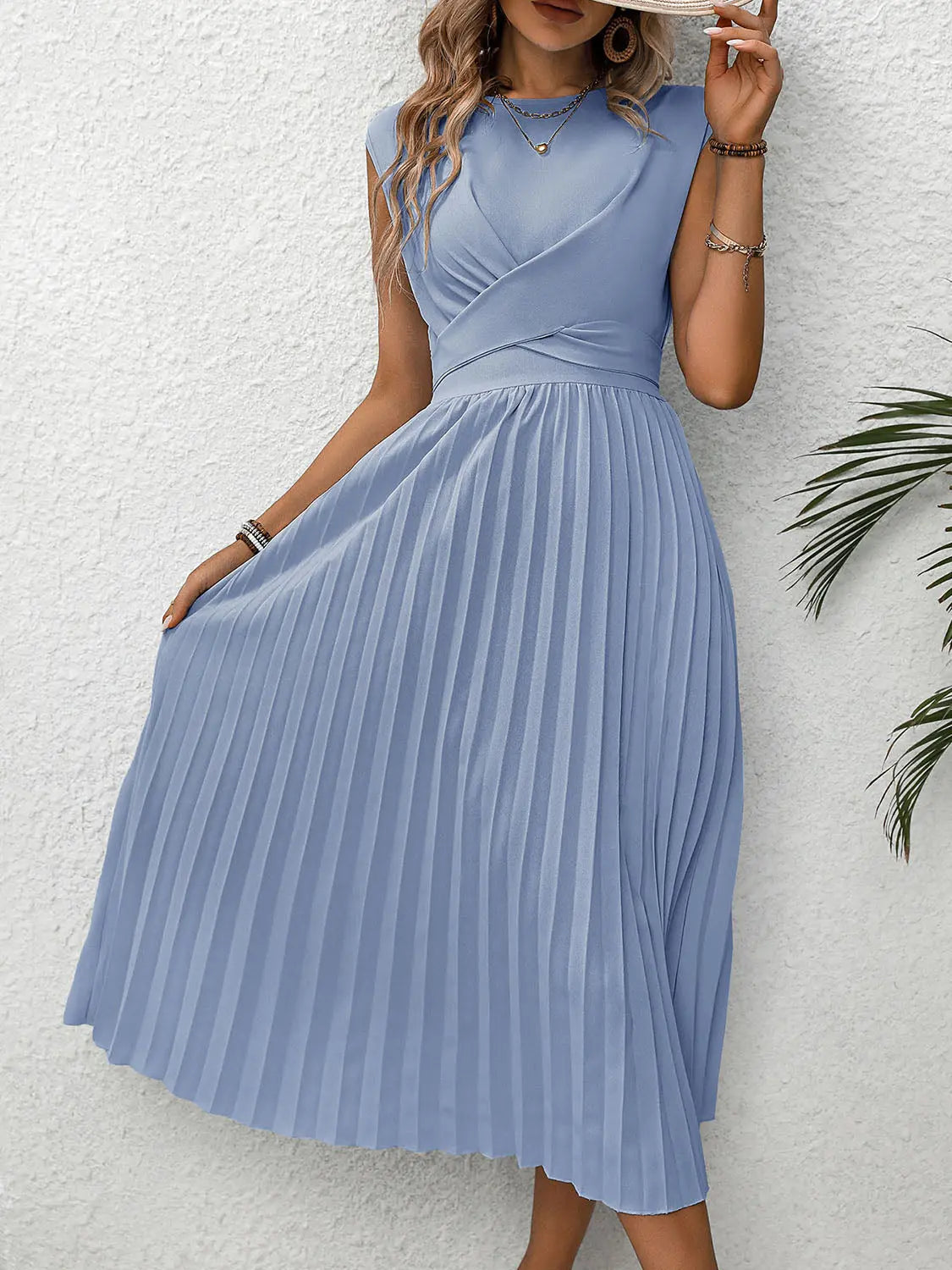 Pleated Round Neck Cap Sleeve Dress - GlossiChic Collection Blue / S GlossiChic Collection Dresses