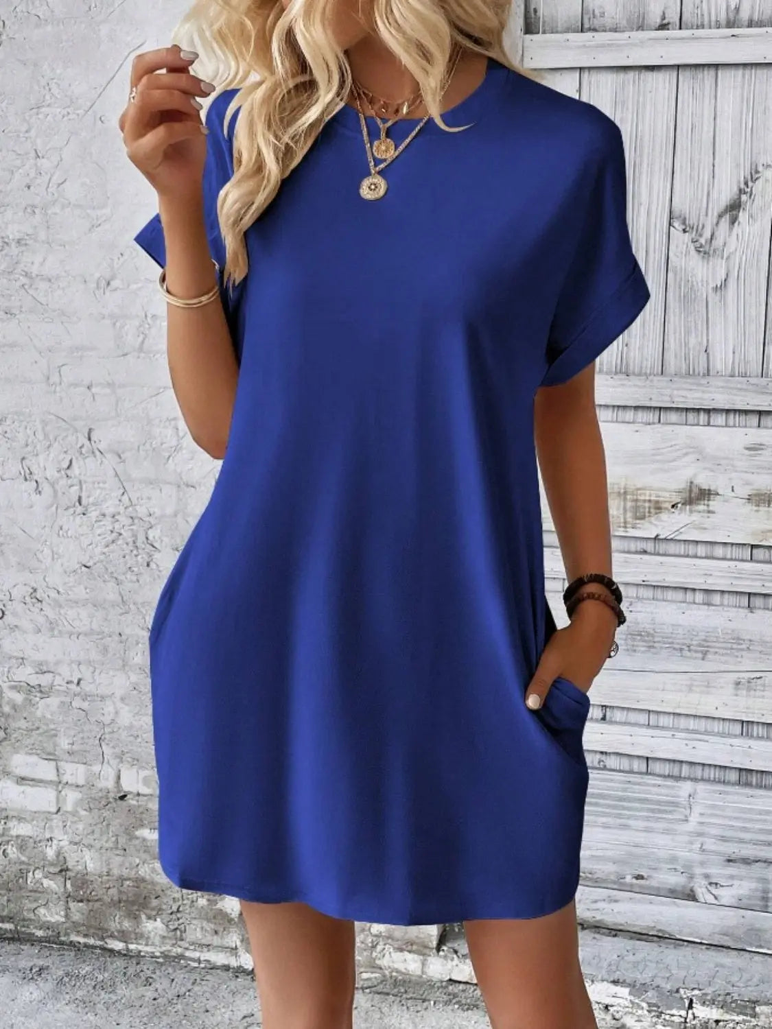 Pocketed Round Neck Short Sleeve Dress - GlossiChic Collection Navy / S GlossiChic Collection Dresses