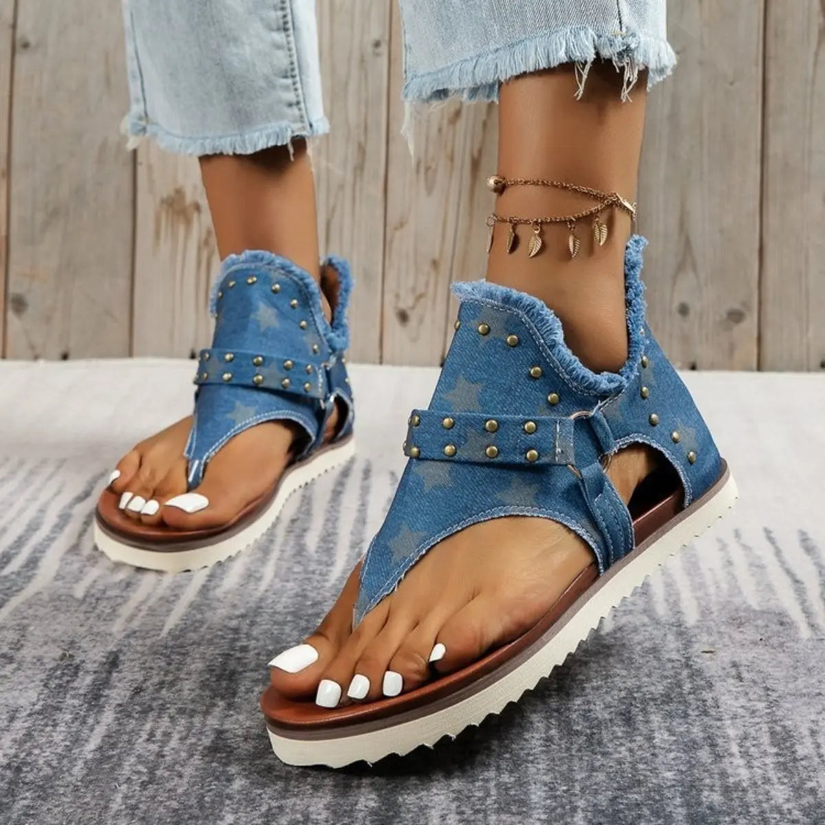 Studded Raw Hem Flat Sandals - GlossiChic Collection Medium / 36(US5) GlossiChic Collection Shoes & Accessories