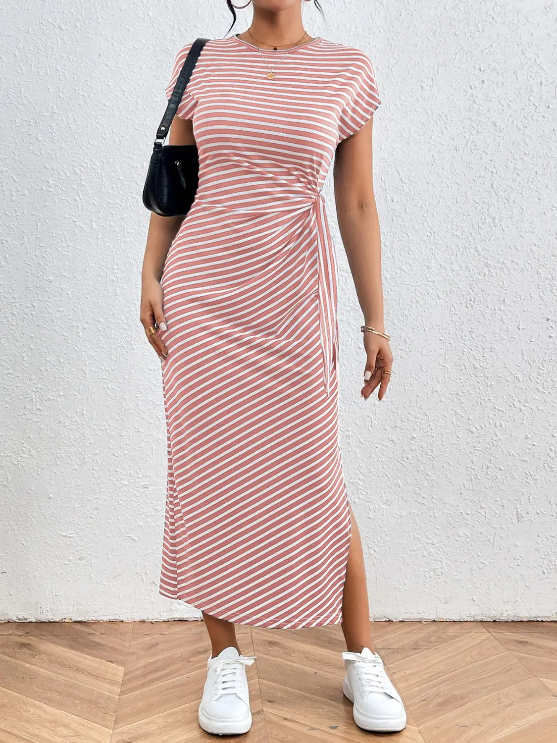 Tied Striped Round Neck Short Sleeve Tee Dress - GlossiChic Collection Gray / S GlossiChic Collection Dresses