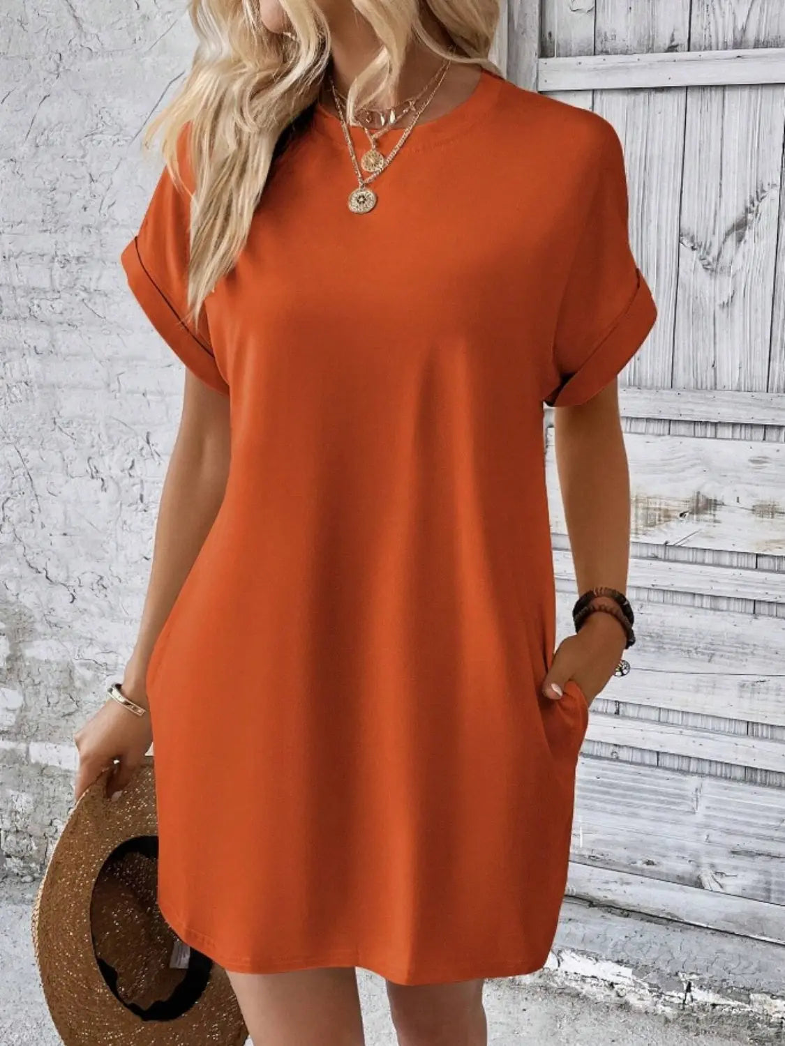 Pocketed Round Neck Short Sleeve Dress - GlossiChic Collection Red Orange / S GlossiChic Collection Dresses