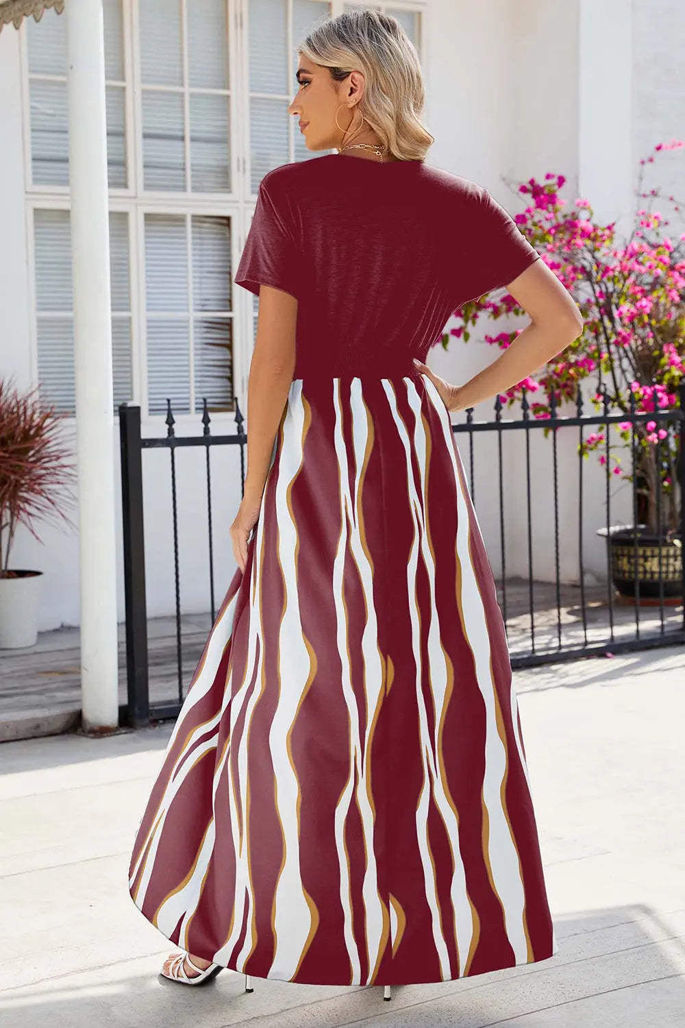 Smocked High-Low Printed Surplice Dress - GlossiChic Collection Deep Red / S GlossiChic Collection Dresses