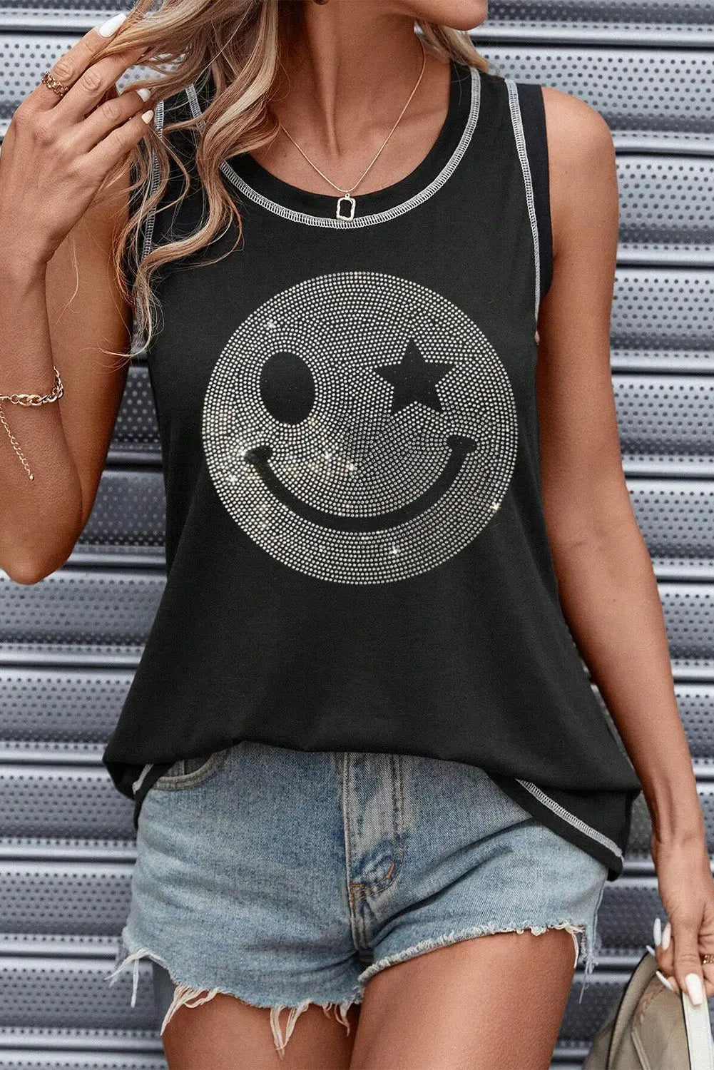 Rhinestone Smile Face Round Neck Tank - GlossiChic Collection Black / S GlossiChic Collection Shirts & Tops
