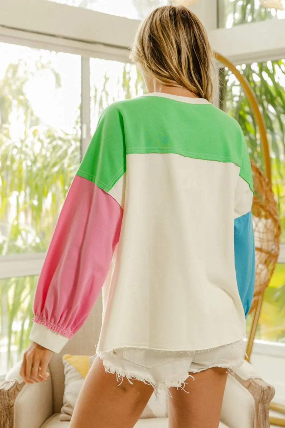 Color Block Patched Long Sleeve Top - GlossiChic Collection Ivory/Green / S GlossiChic Collection Shirts & Tops