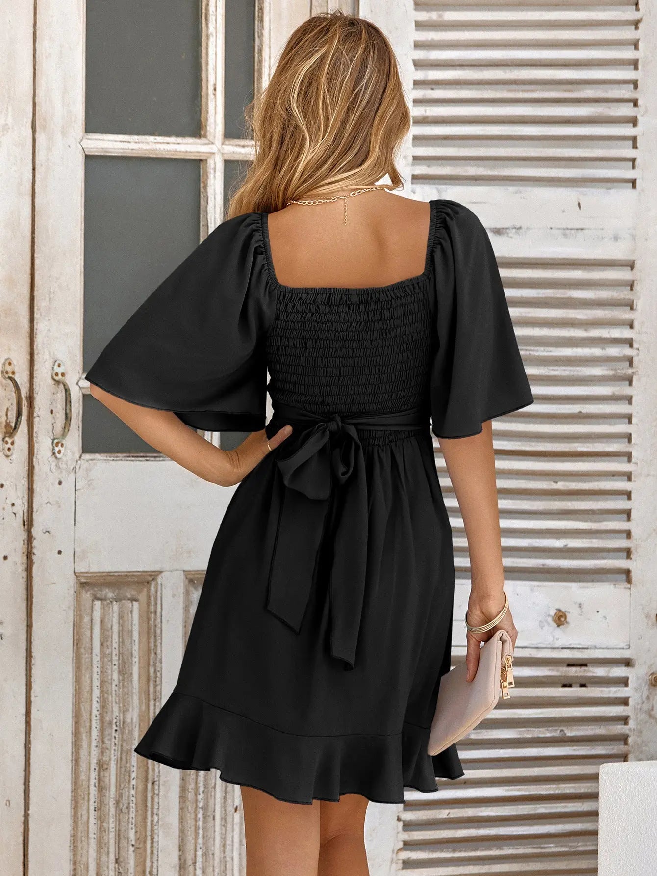 Smocked Tie Back Ruffle Hem Dress - GlossiChic Collection Sand / S GlossiChic Collection Dresses