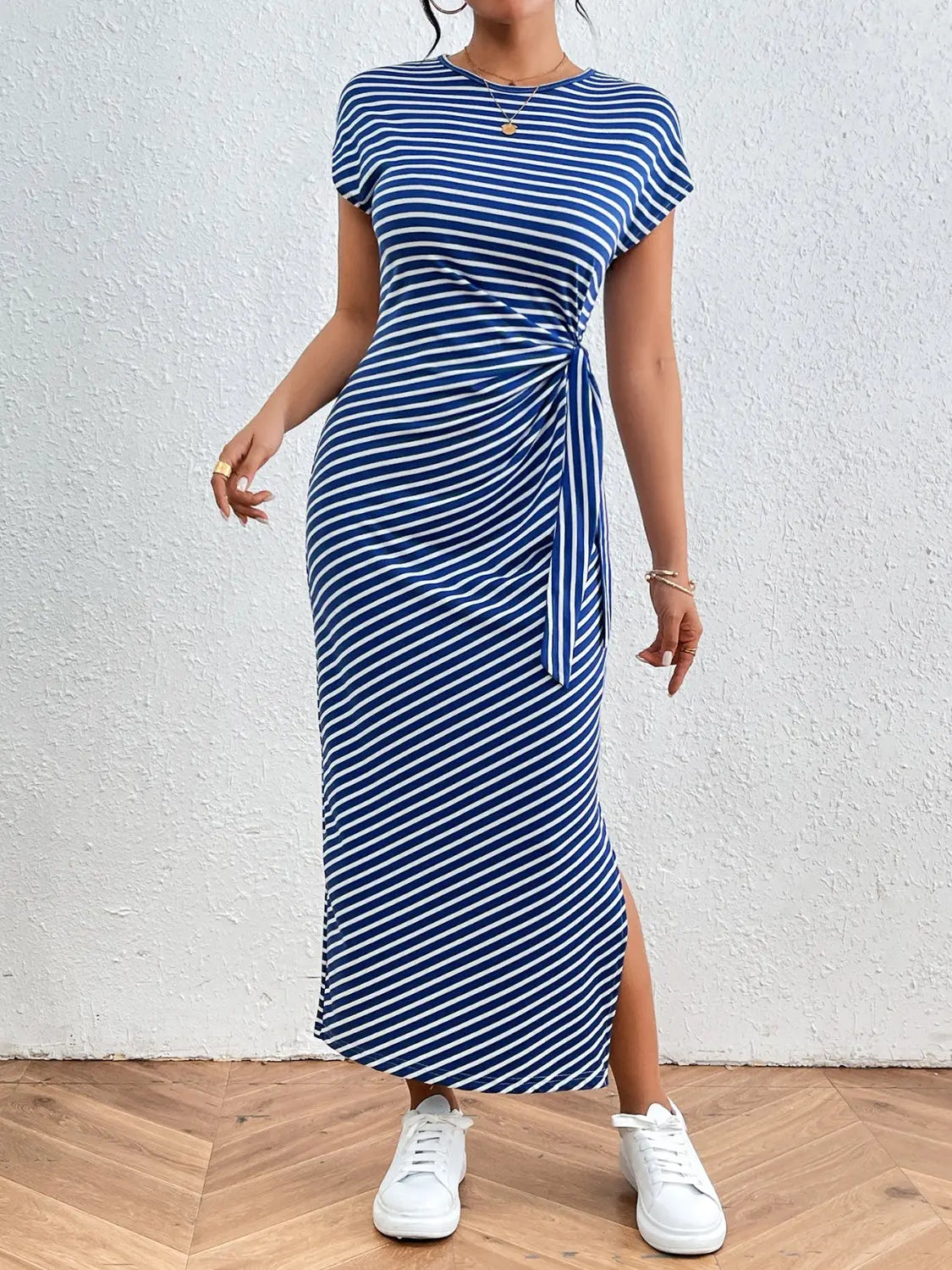 Tied Striped Round Neck Short Sleeve Tee Dress - GlossiChic Collection Dusty Blue / S GlossiChic Collection Dresses