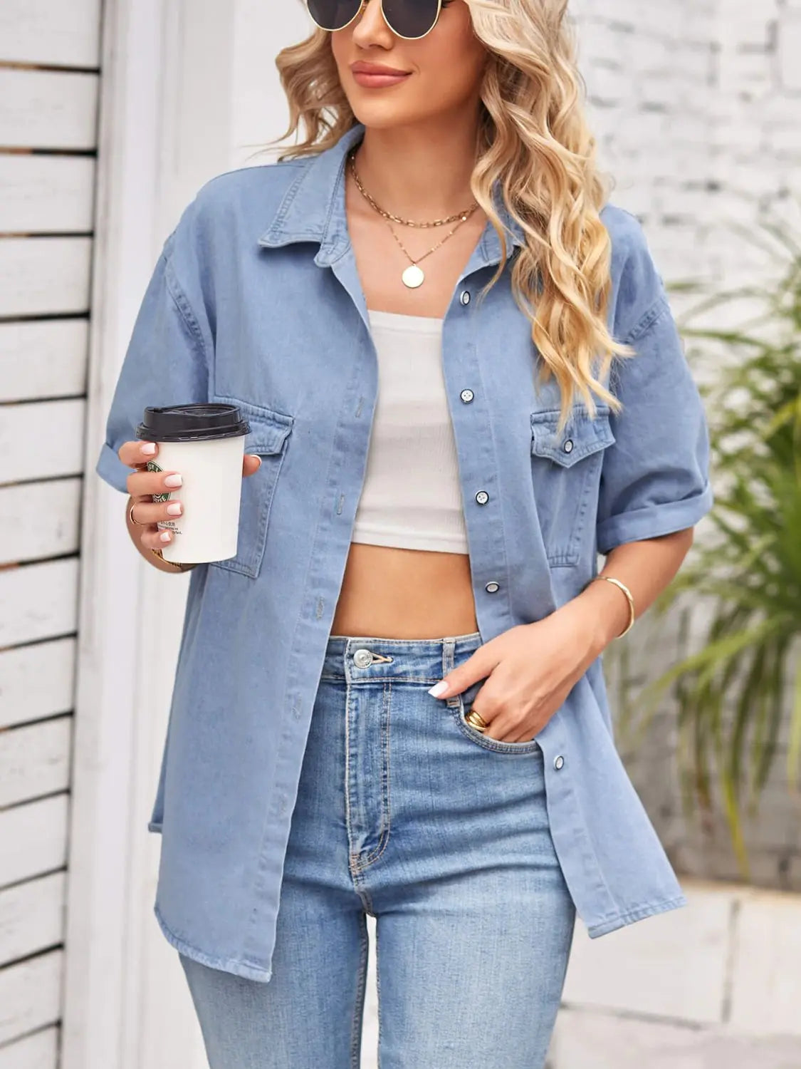 Collared Neck Short Sleeve Denim Jacket - GlossiChic Collection Light / S GlossiChic Collection Shirts & Tops