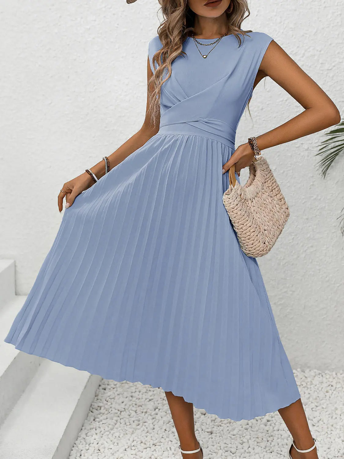 Pleated Round Neck Cap Sleeve Dress - GlossiChic Collection Blue / S GlossiChic Collection Dresses