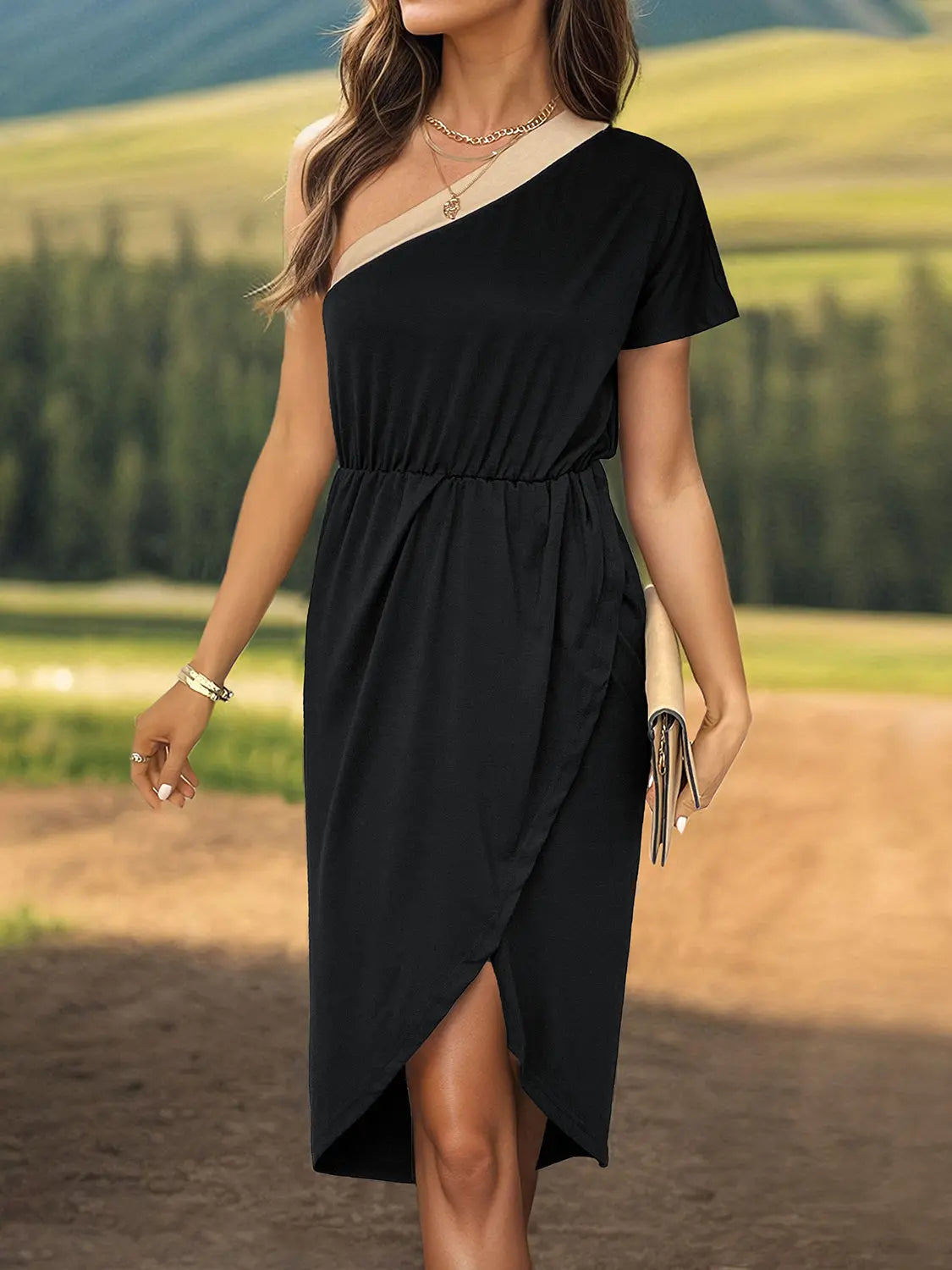 Slit Single Shoulder Short Sleeve Midi Dress - GlossiChic Collection Black / S GlossiChic Collection Dresses