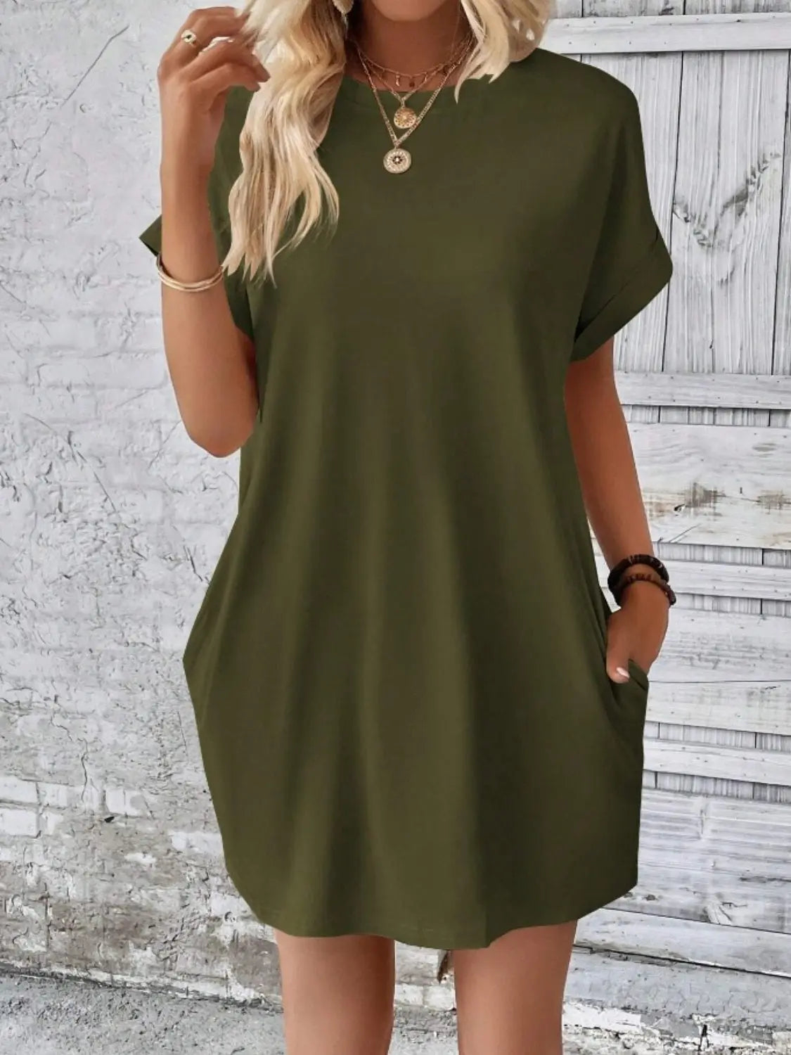 Pocketed Round Neck Short Sleeve Dress - GlossiChic Collection Army Green / S GlossiChic Collection Dresses