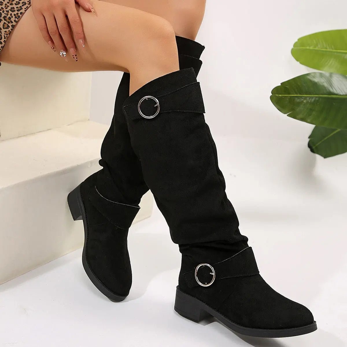 Buckle Round Toe Block Heel Boots - GlossiChic CollectionShoes