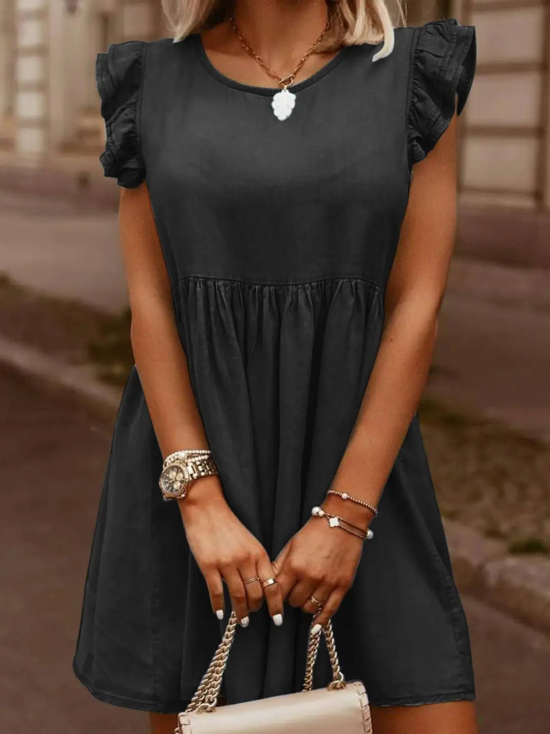 Full Size Ruffled Round Neck Cap Sleeve Denim Dress - GlossiChic Collection Charcoal / S GlossiChic Collection Dresses