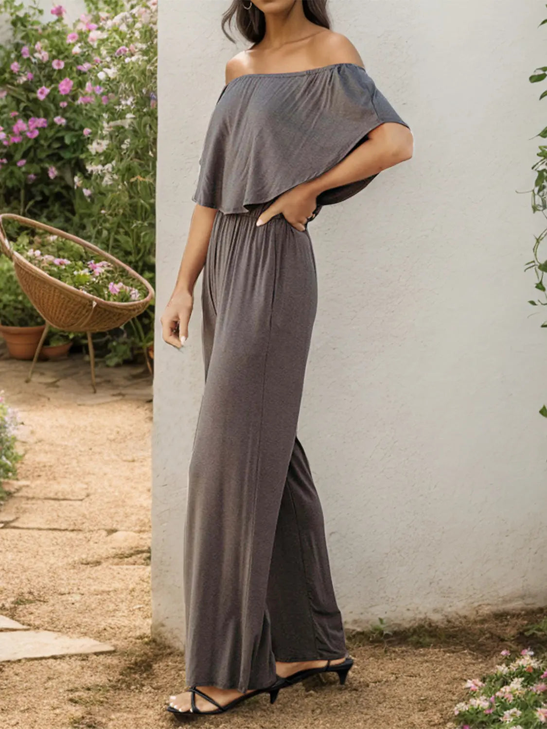 Off-Shoulder Wide Leg Jumpsuit - GlossiChic Collection Charcoal / S GlossiChic Collection Jumpers & Rompers