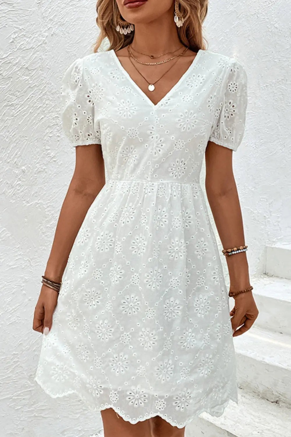 Tied V-Neck Short Sleeve Mini Dress - GlossiChic Collection White / S GlossiChic Collection Dresses