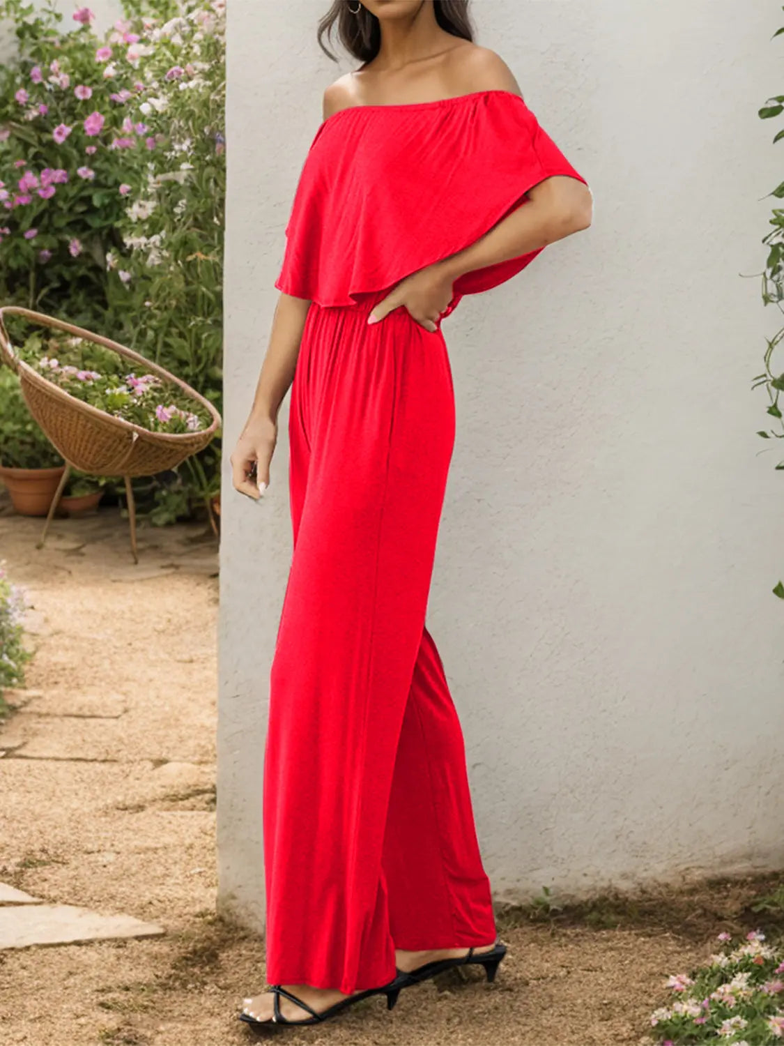Off-Shoulder Wide Leg Jumpsuit - GlossiChic Collection Charcoal / S GlossiChic Collection Jumpers & Rompers