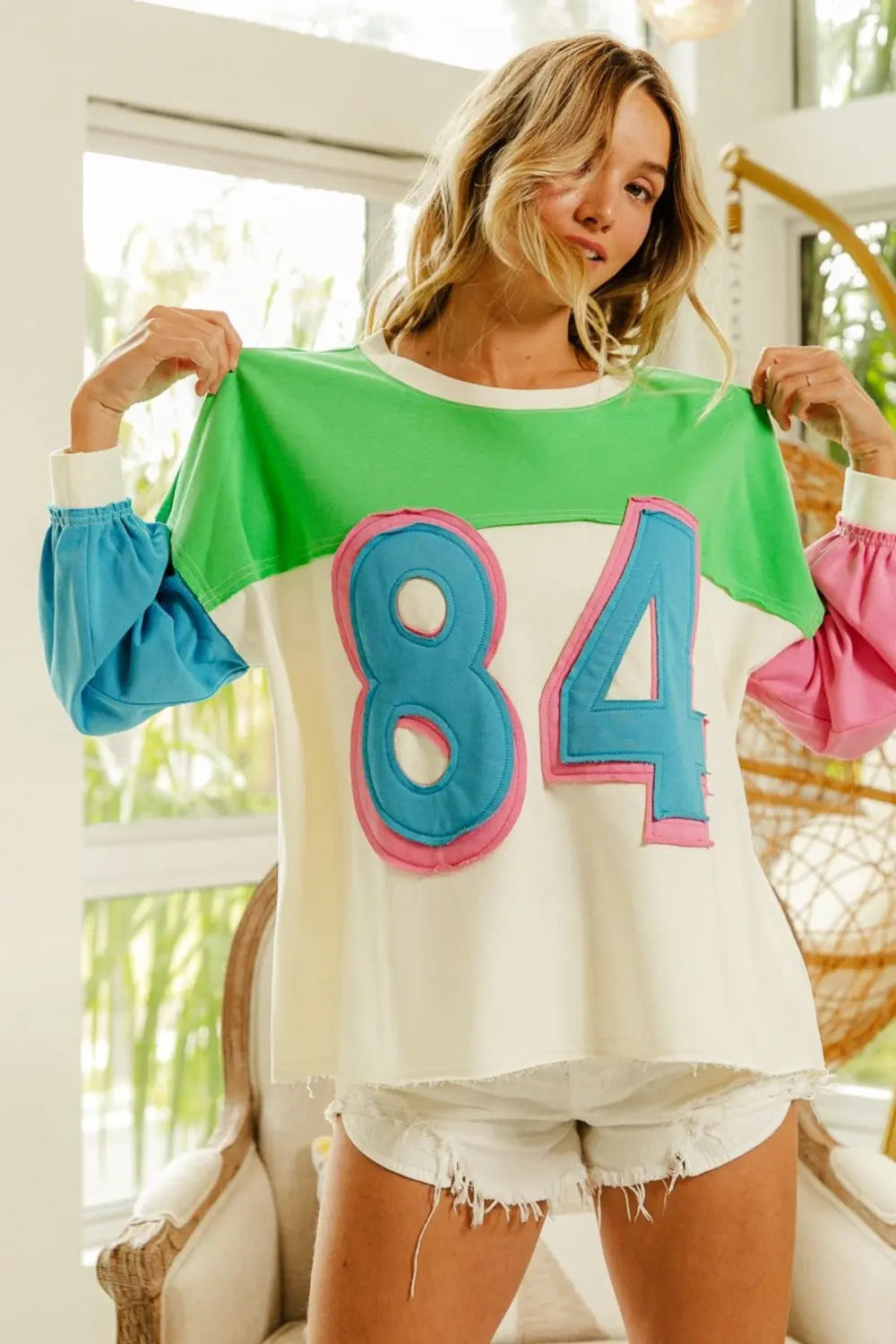 Color Block Patched Long Sleeve Top - GlossiChic Collection Ivory/Green / S GlossiChic Collection Shirts & Tops