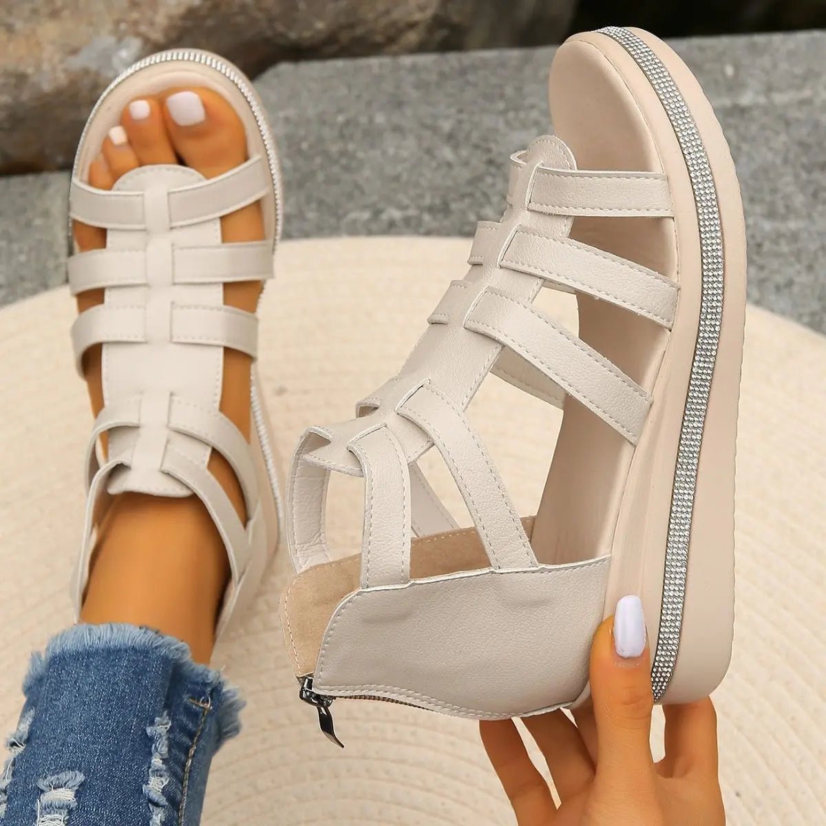 Cutout Rhinestone Trim Wedge Sandals - GlossiChic CollectionShoes & Accessories