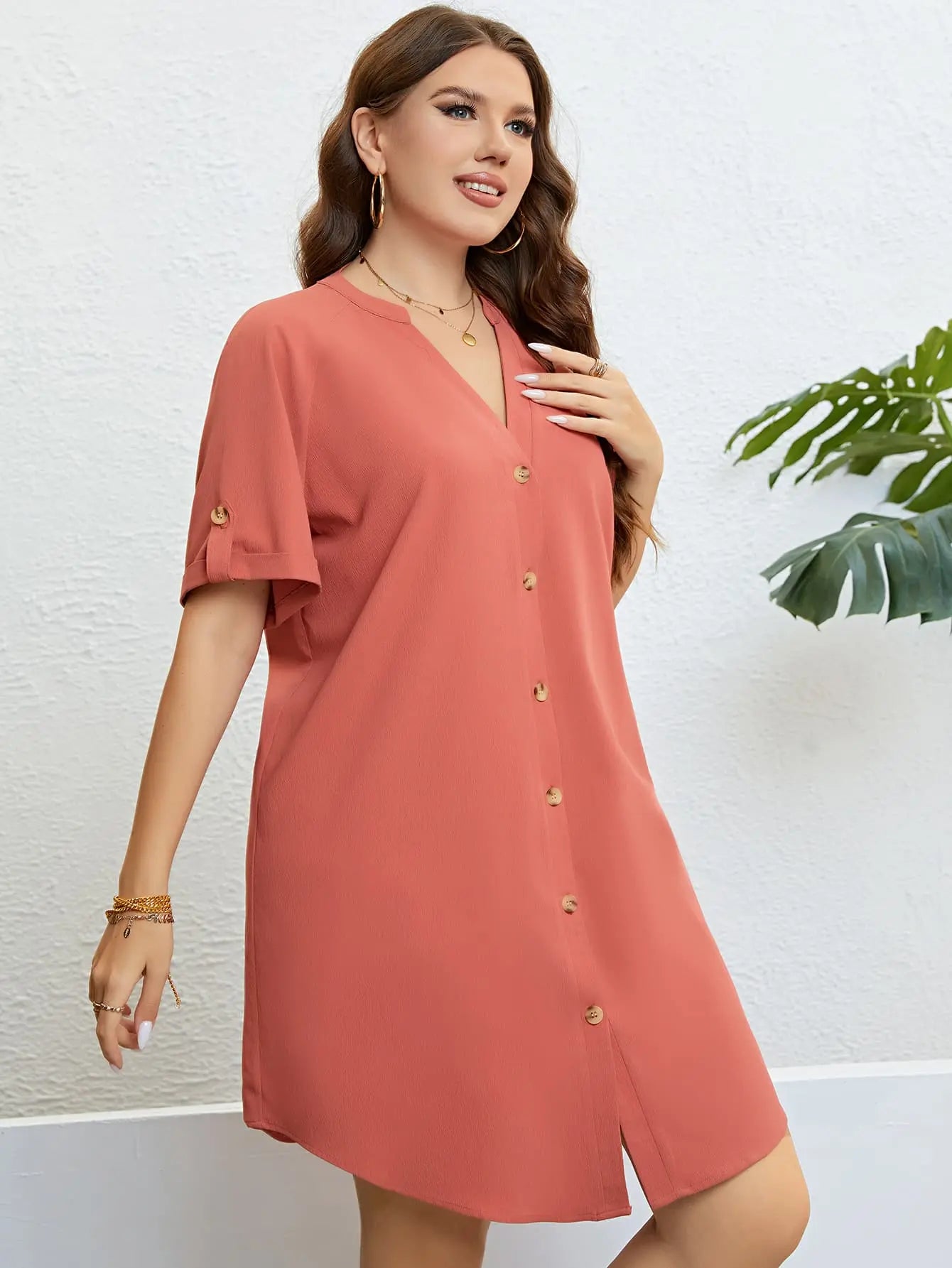 Plus Size Buttoned Notched Neck Shift Dress - GlossiChic Collection Coral / 1XL GlossiChic Collection Dresses