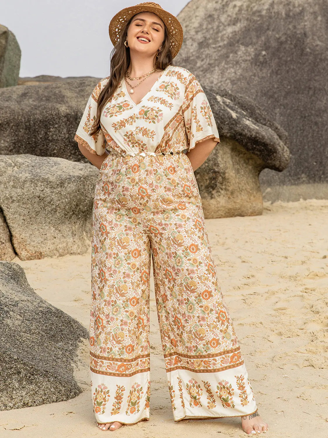 Plus Size V-Neck Flutter Sleeve Wide Leg Jumpsuit - GlossiChic Collection Apricot / 0XL GlossiChic Collection Jumpers & Rompers