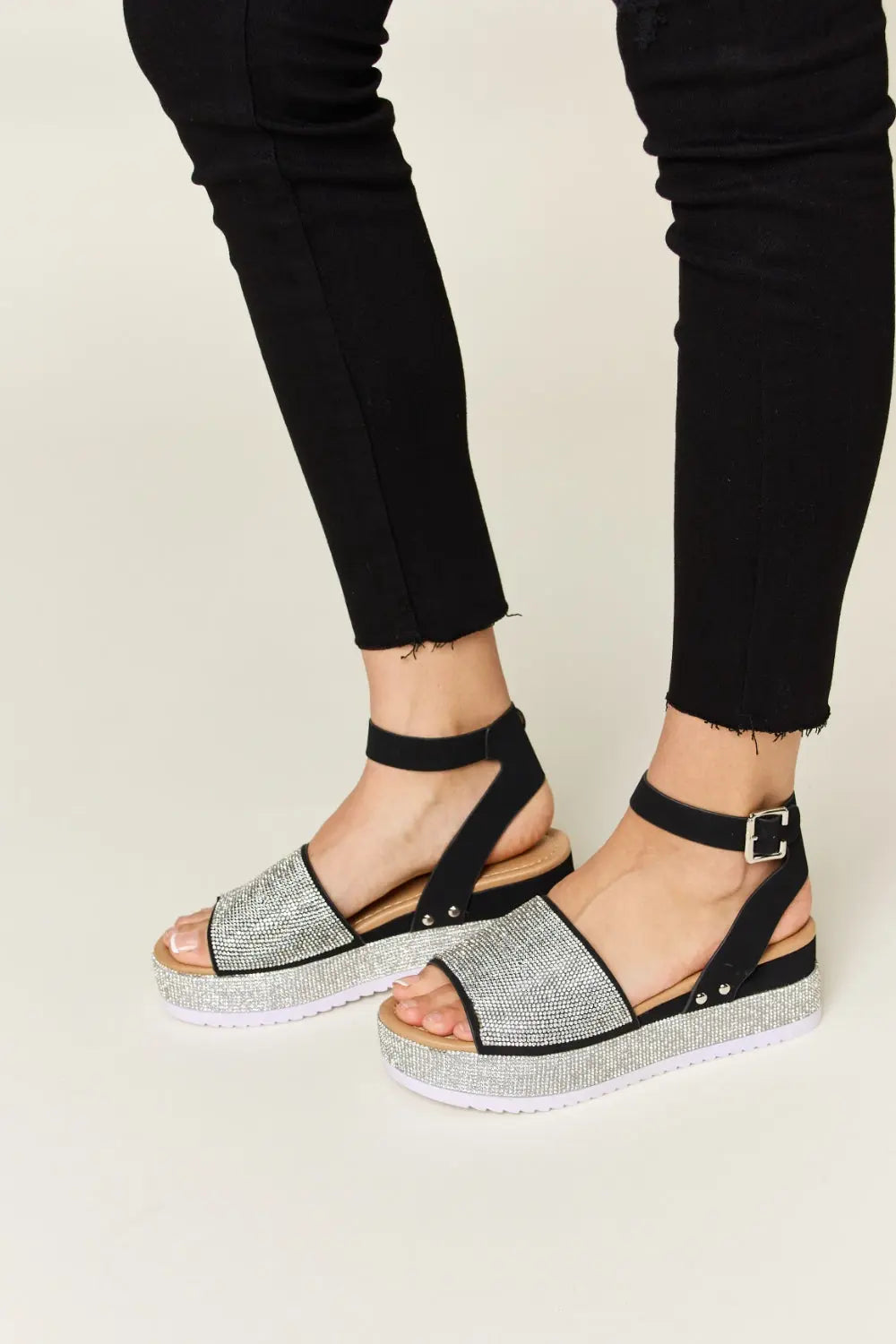 Rhinestone Buckle Strappy Wedge Sandals - GlossiChic Collection Black / 6 GlossiChic Collection Shoes & Accessories