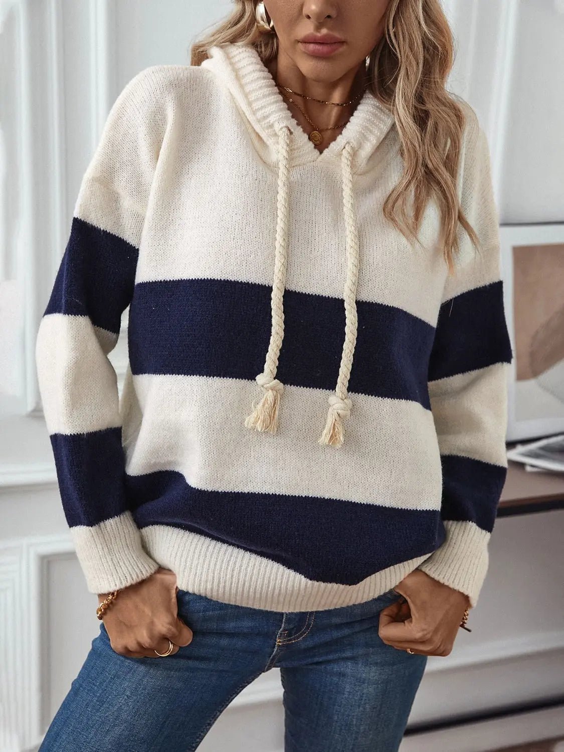 Drawstring Contrast Stripe Dropped Shoulder Hooded Sweater - GlossiChic CollectionSweaters