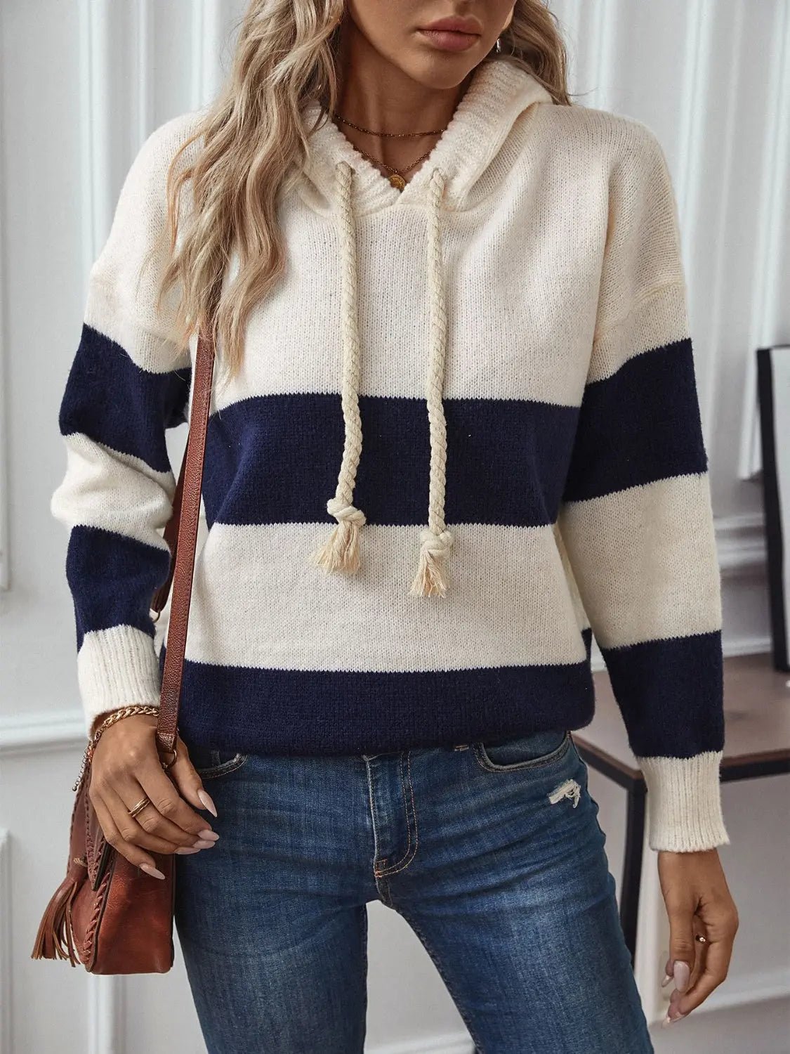 Drawstring Contrast Stripe Dropped Shoulder Hooded Sweater - GlossiChic CollectionSweaters