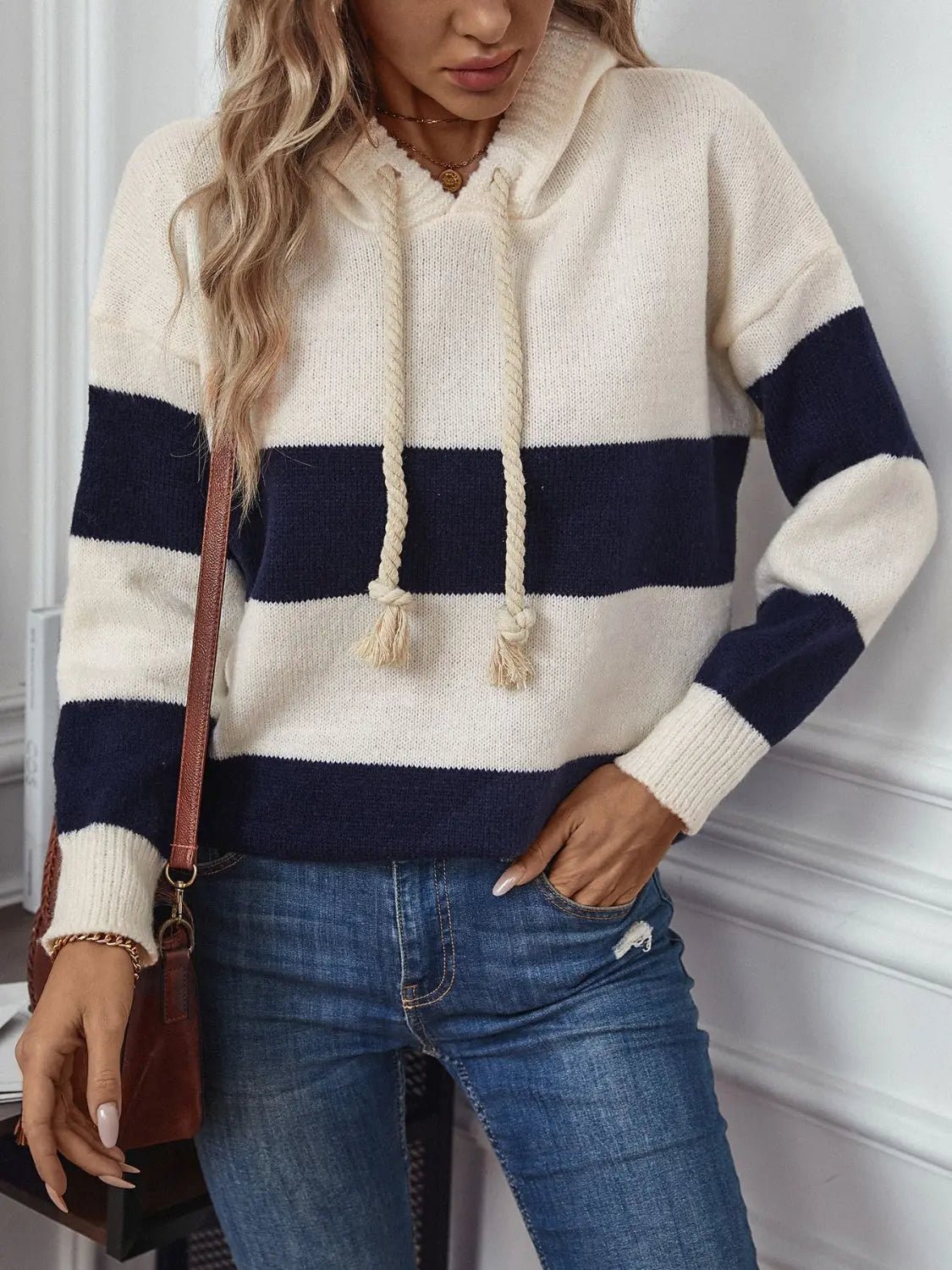 Drawstring Contrast Stripe Dropped Shoulder Hooded Sweater - GlossiChic CollectionSweaters