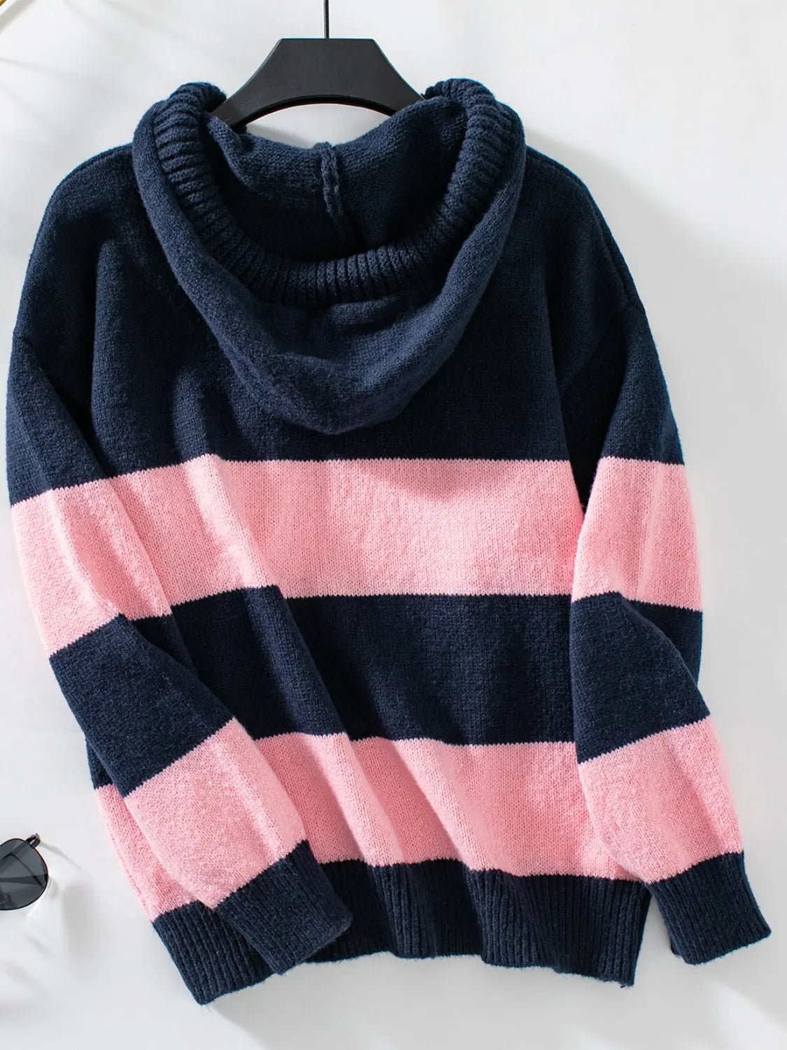 Drawstring Contrast Stripe Dropped Shoulder Hooded Sweater - GlossiChic CollectionSweaters