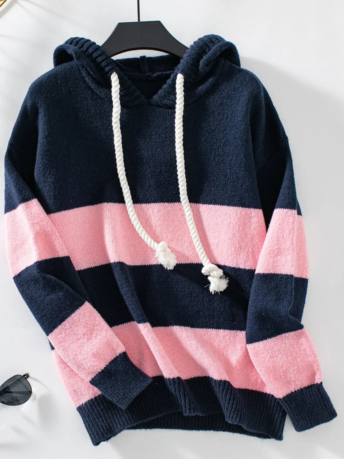 Drawstring Contrast Stripe Dropped Shoulder Hooded Sweater - GlossiChic CollectionSweaters