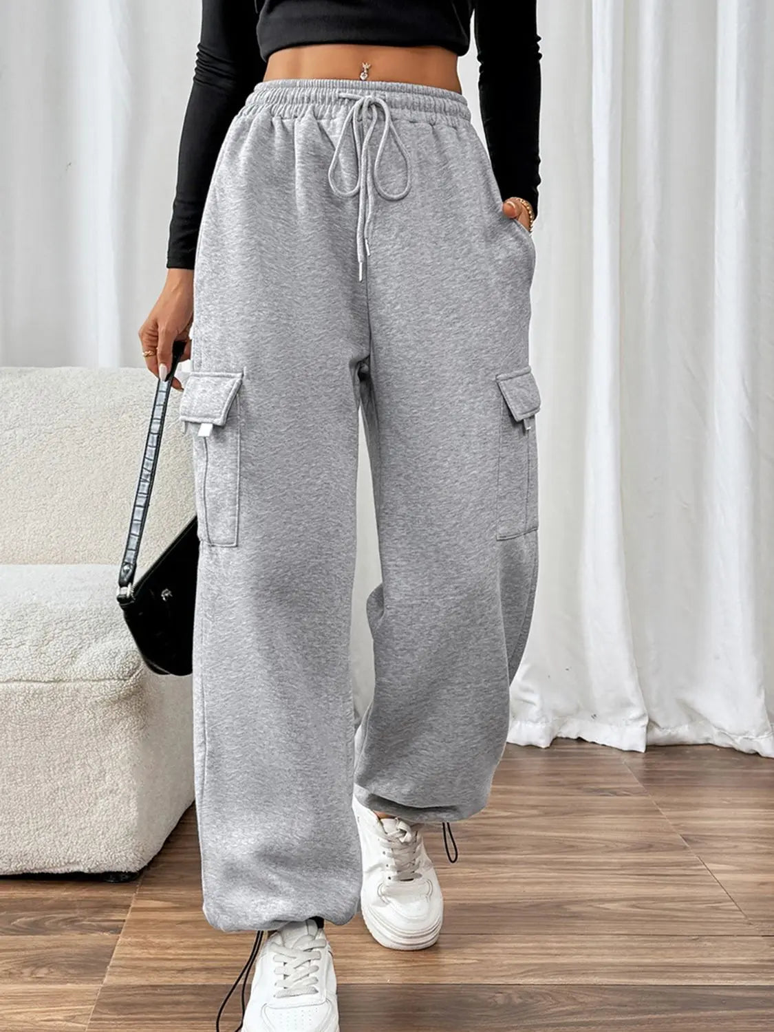 Drawstring Elastic Waist Joggers with Pockets - GlossiChic Collection Light Gray / S GlossiChic Collection Jeans, Pants, & Shorts