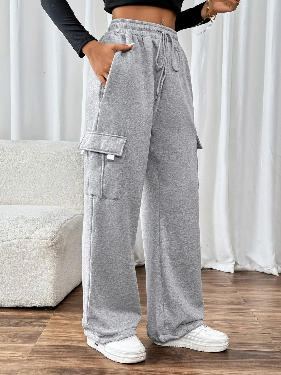 Drawstring Elastic Waist Joggers with Pockets - GlossiChic Collection Light Gray / S GlossiChic Collection Jeans, Pants, & Shorts
