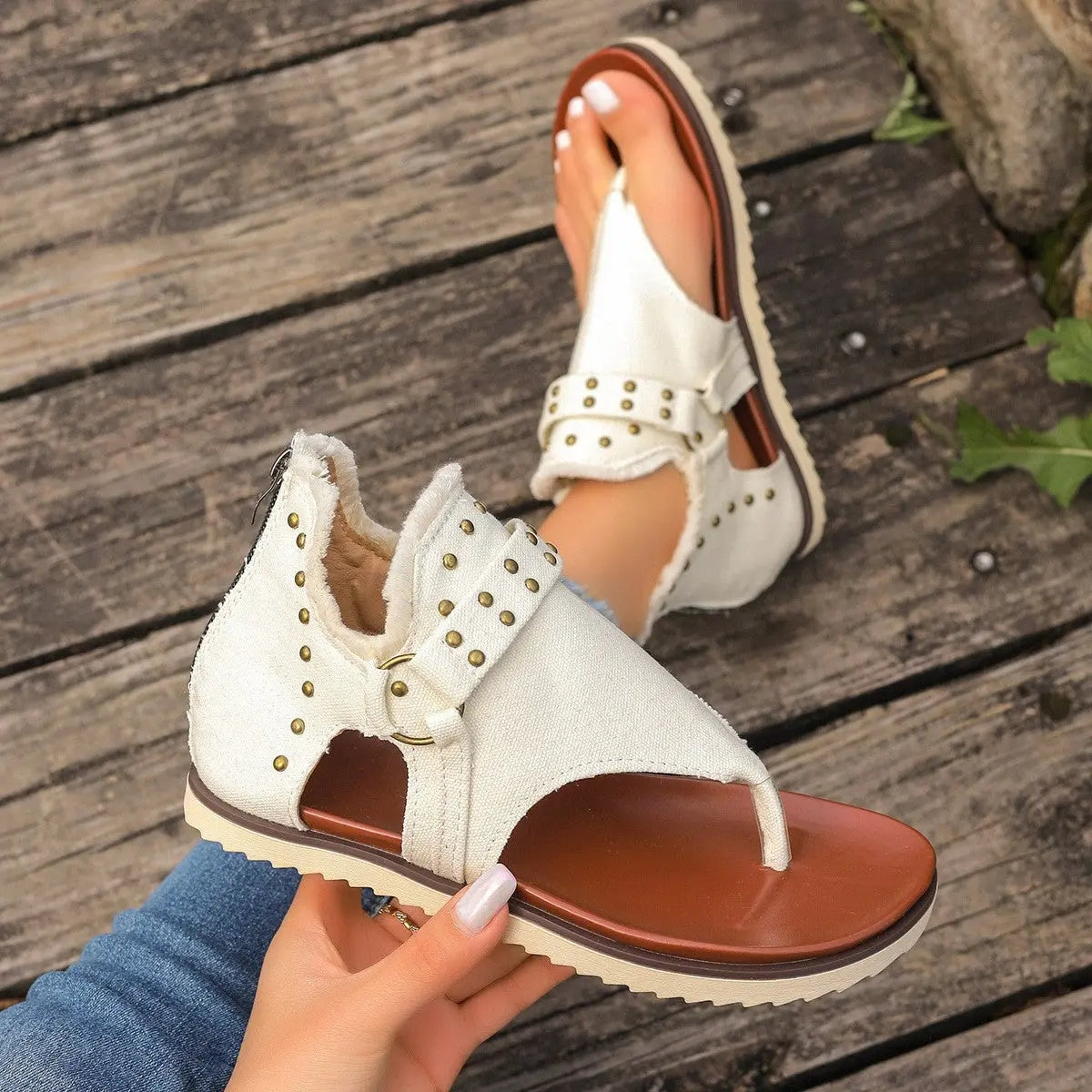 Studded Raw Hem Flat Sandals - GlossiChic Collection Ivory / 36(US5) GlossiChic Collection Shoes & Accessories