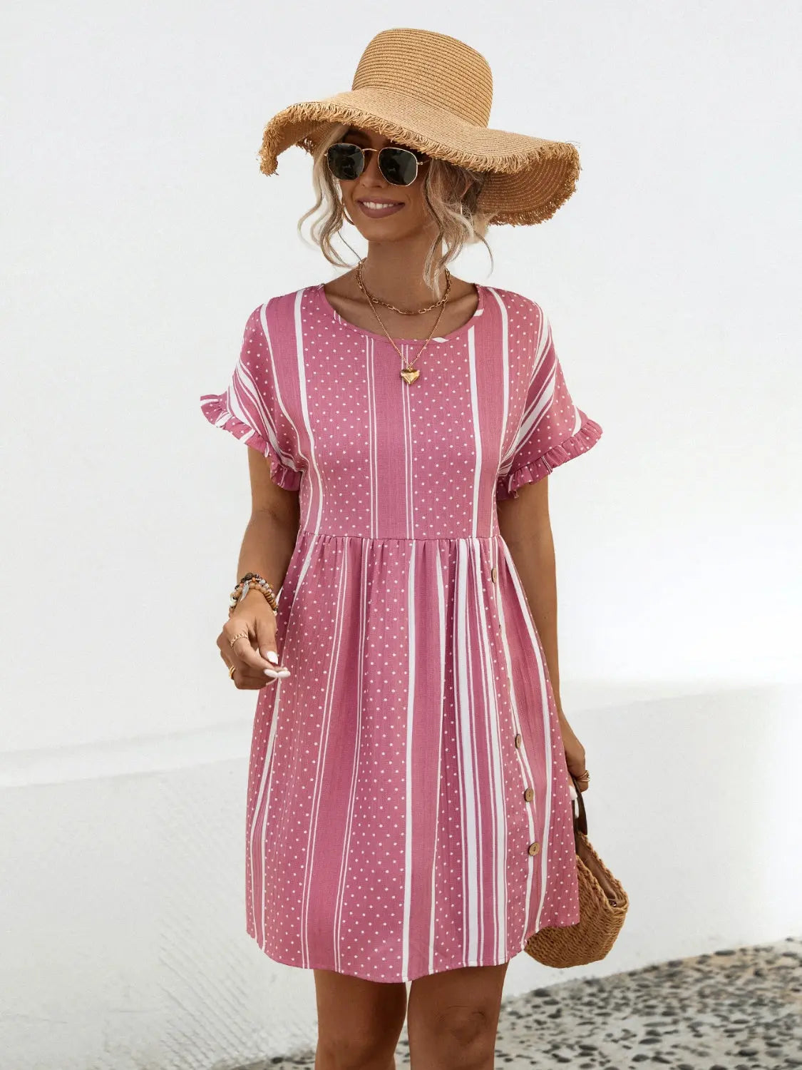 Striped Polka Dot Frill Short Sleeve Mini Dress - GlossiChic Collection Carnation Pink / S GlossiChic Collection Dresses