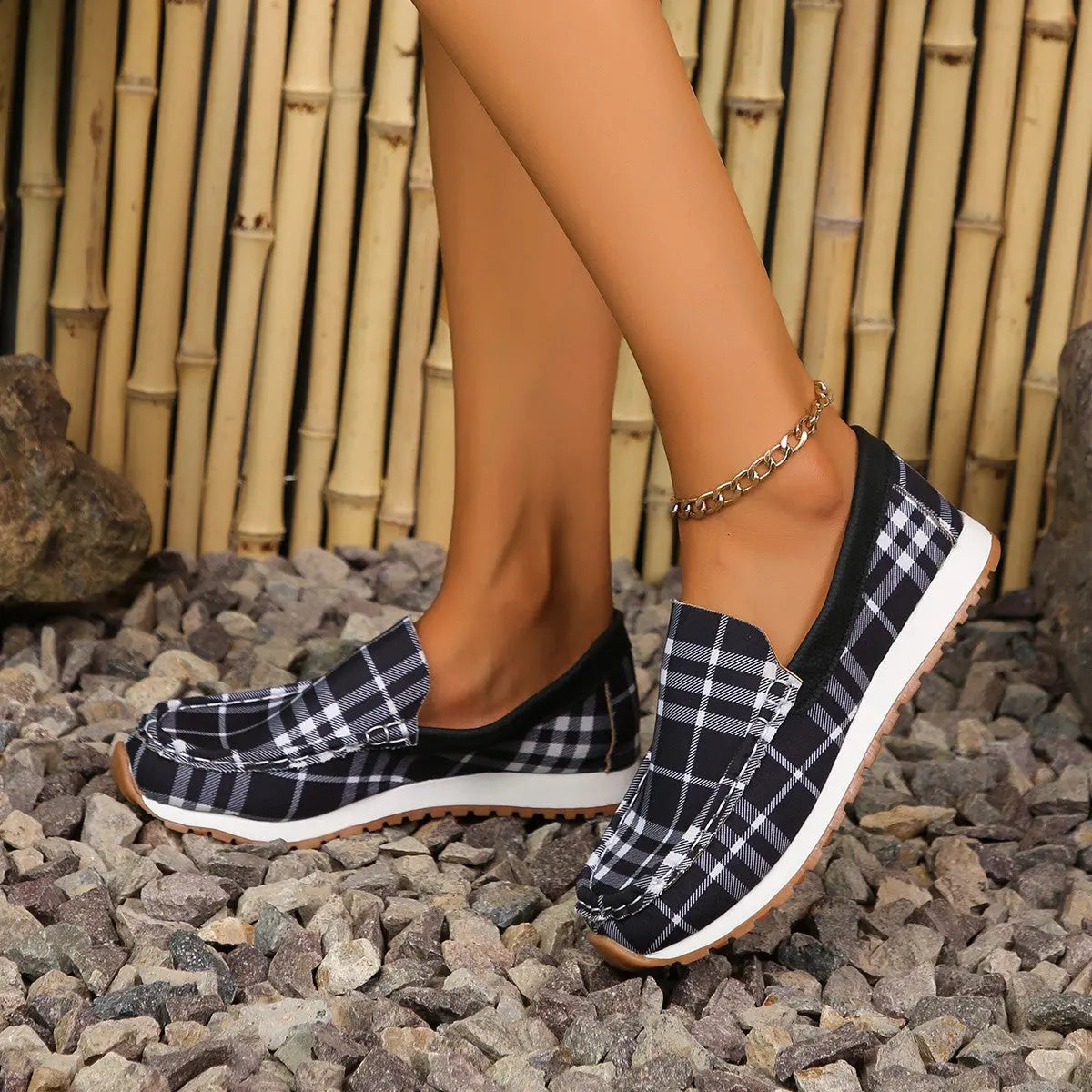 Plaid Round Toe Slip-Ons - GlossiChic Collection Black / 35(US4) GlossiChic Collection Shoes