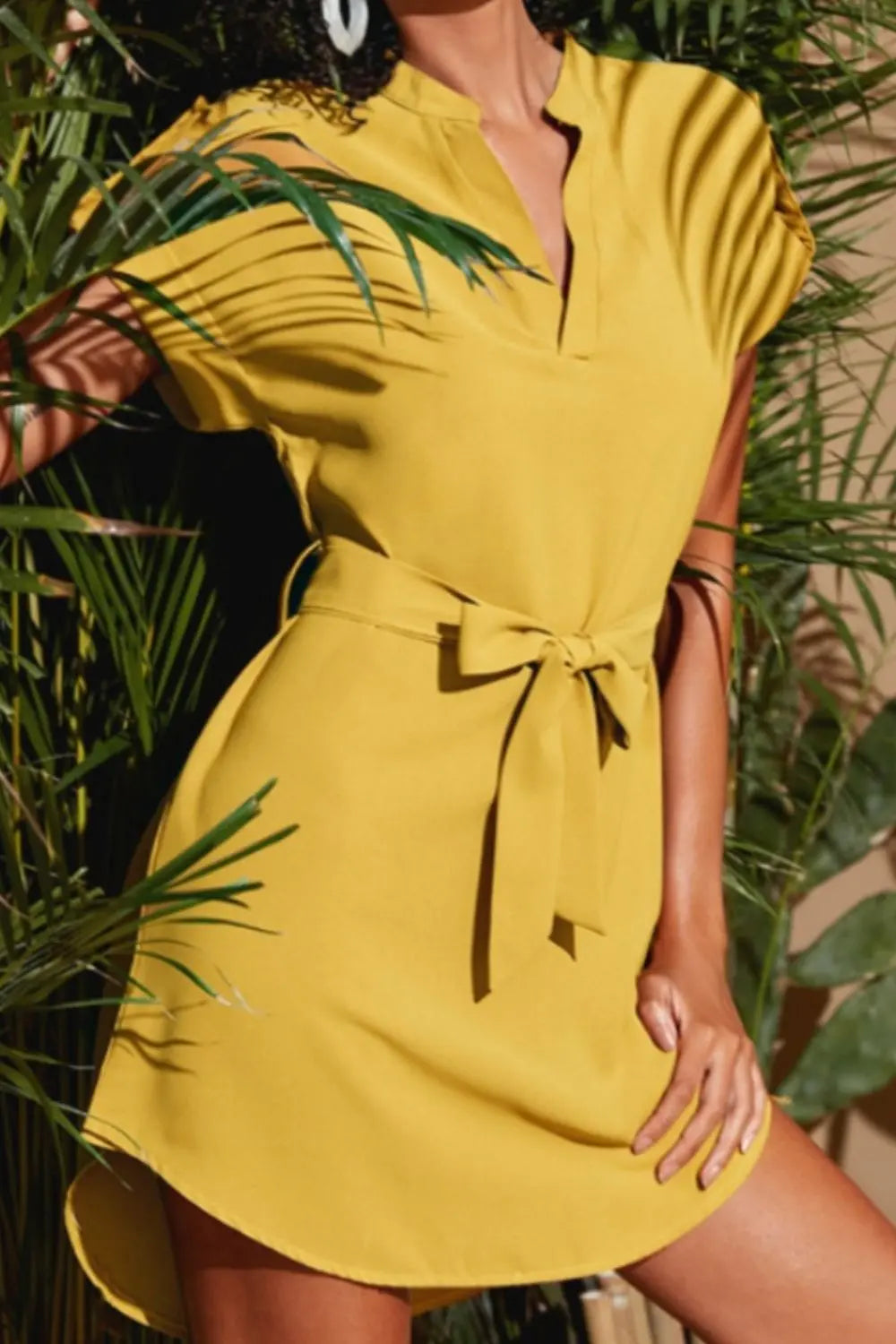 Tied Notched Short Sleeve Dress - GlossiChic Collection Chartreuse / S GlossiChic Collection Dresses