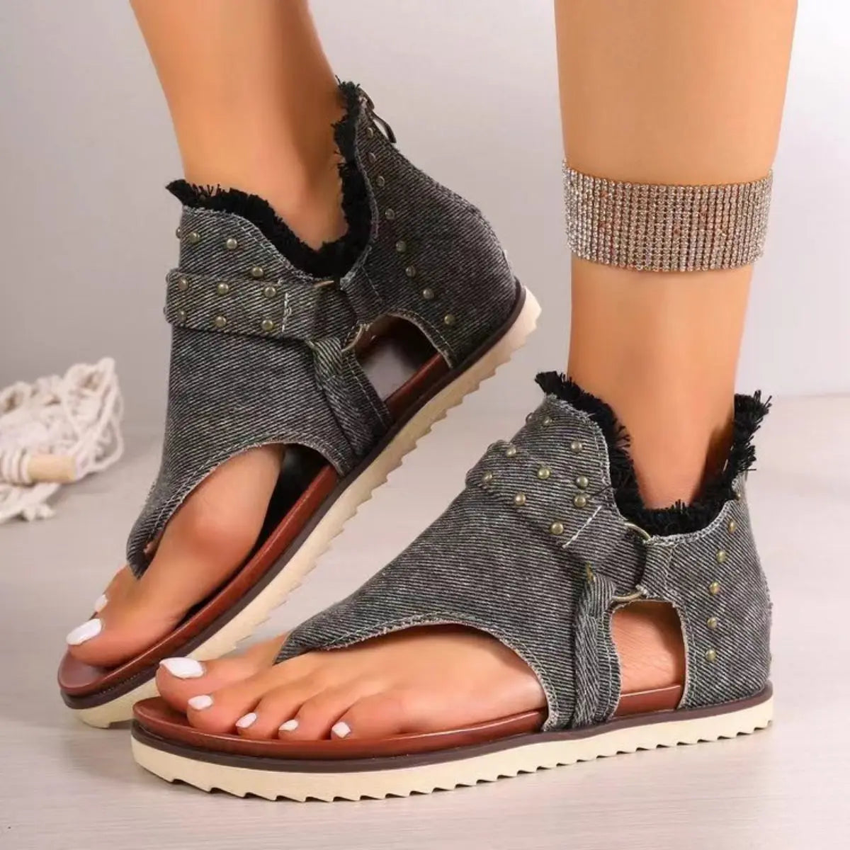 Studded Raw Hem Flat Sandals - GlossiChic Collection Charcoal / 36(US5) GlossiChic Collection Shoes & Accessories