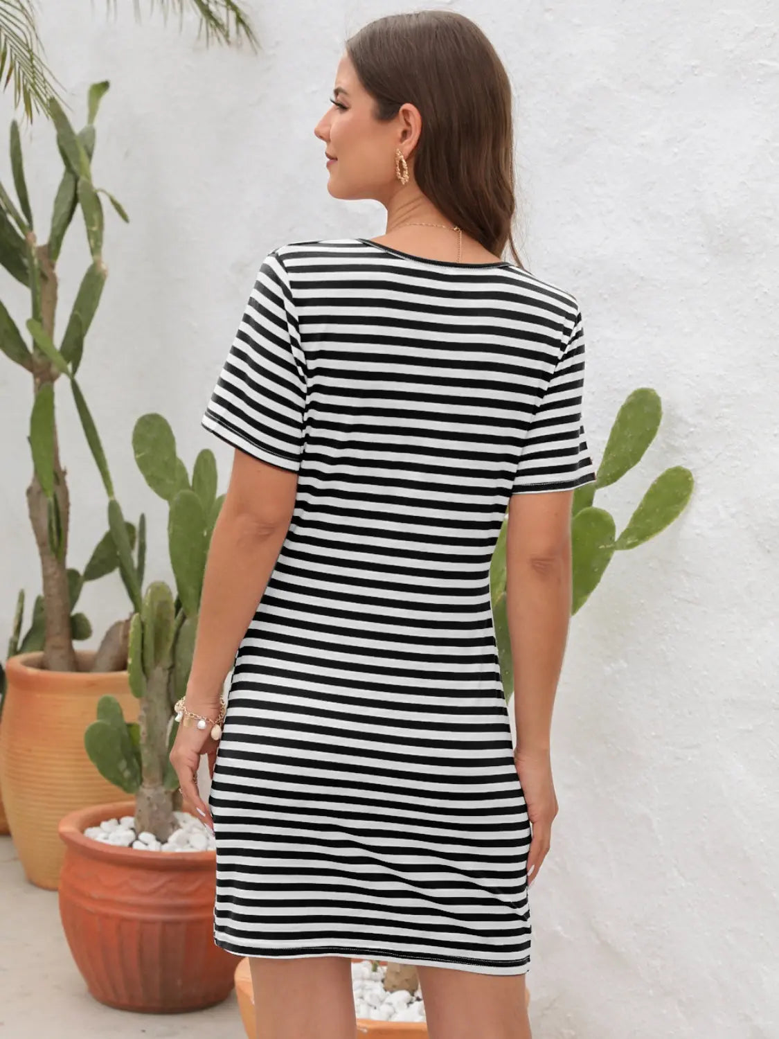 Cutout Striped Round Neck Short Sleeve Dress - GlossiChic Collection Chestnut / S GlossiChic Collection Dresses