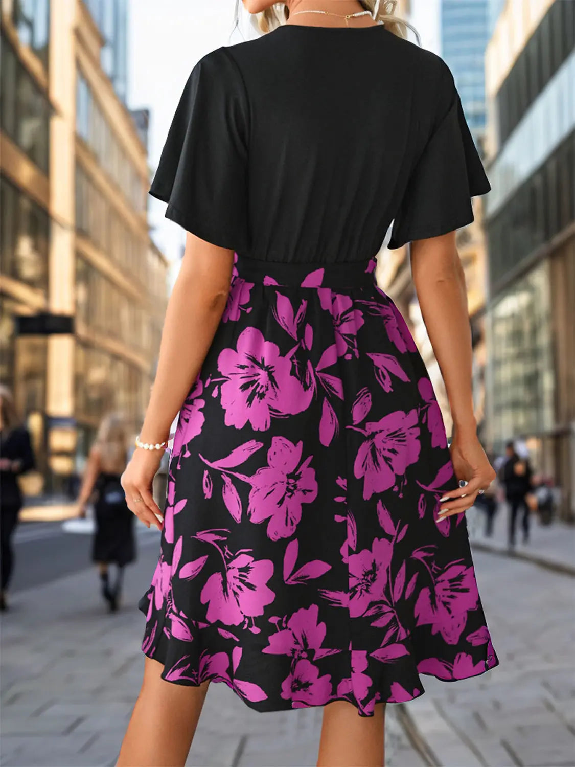 Tied Printed Surplice Short Sleeve Dress - GlossiChic Collection Black / S GlossiChic Collection Dresses
