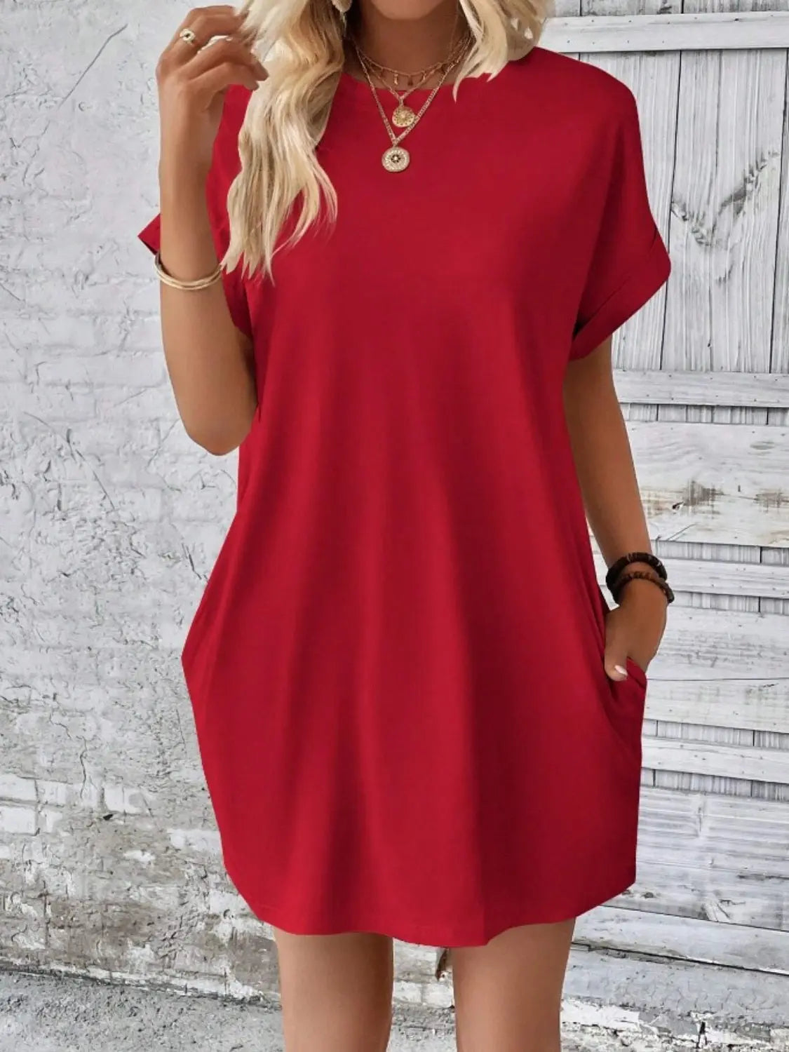 Pocketed Round Neck Short Sleeve Dress - GlossiChic Collection Deep Red / S GlossiChic Collection Dresses