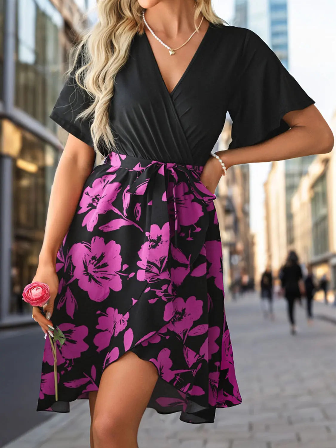 Tied Printed Surplice Short Sleeve Dress - GlossiChic Collection Black / S GlossiChic Collection Dresses