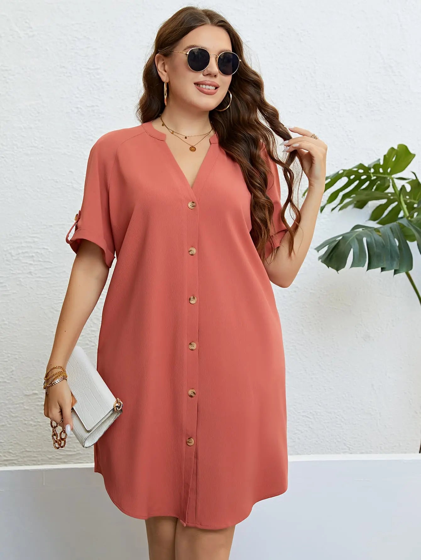 Plus Size Buttoned Notched Neck Shift Dress - GlossiChic Collection Coral / 1XL GlossiChic Collection Dresses