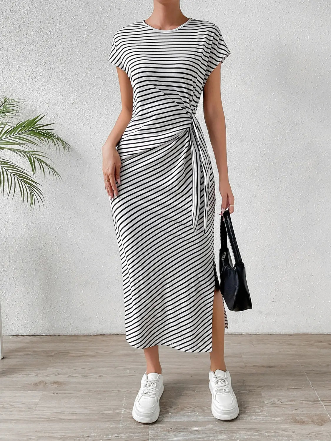 Tied Striped Round Neck Short Sleeve Tee Dress - GlossiChic Collection Gray / S GlossiChic Collection Dresses