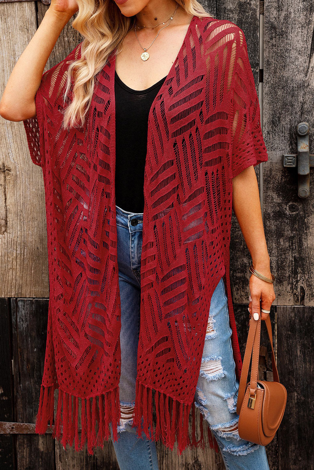 Open Front Cardigan with Fringes - GlossiChic Collection Rust / One Size GlossiChic Collection Blazer & Cardigan