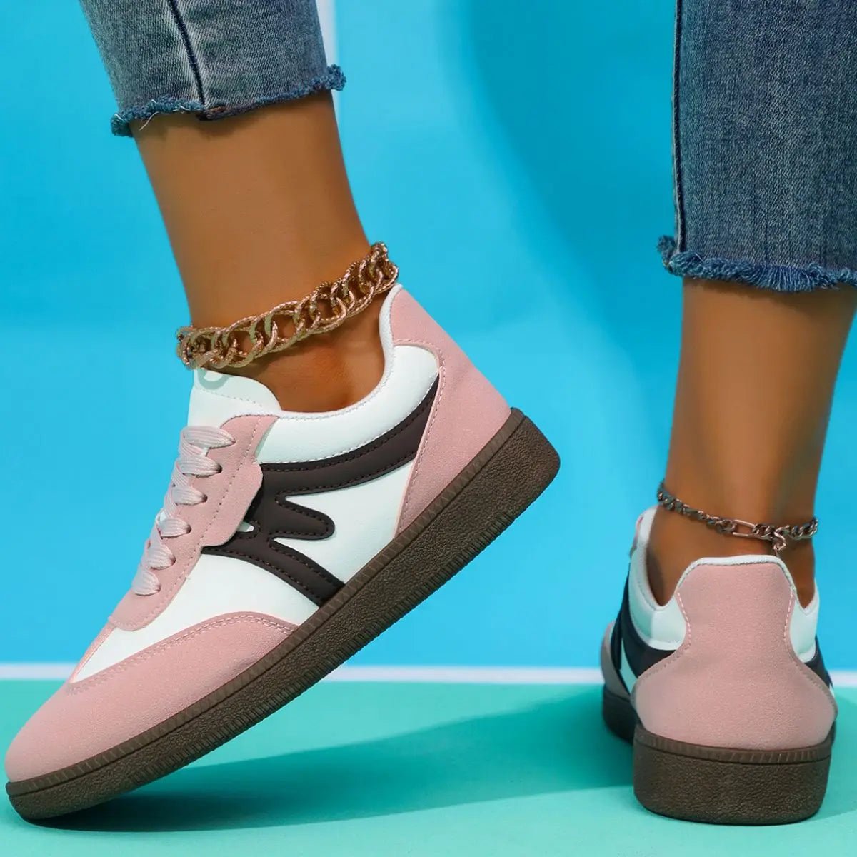 Lace Up Contrast Round Toe Flat Sneakers - GlossiChic CollectionShoes