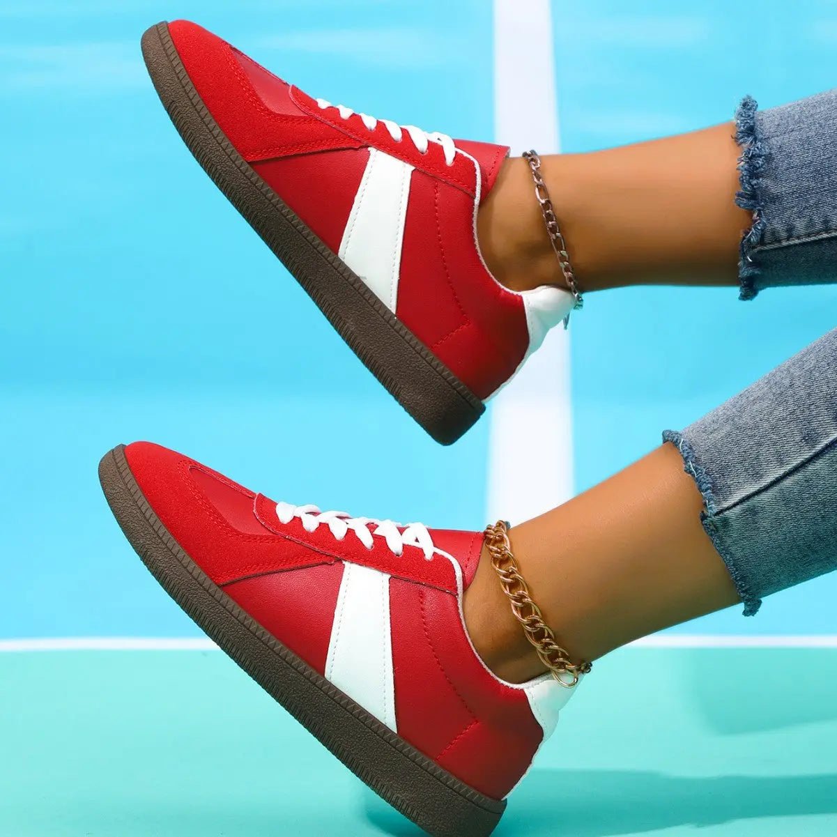 Lace Up Contrast Round Toe Flat Sneakers - GlossiChic CollectionShoes