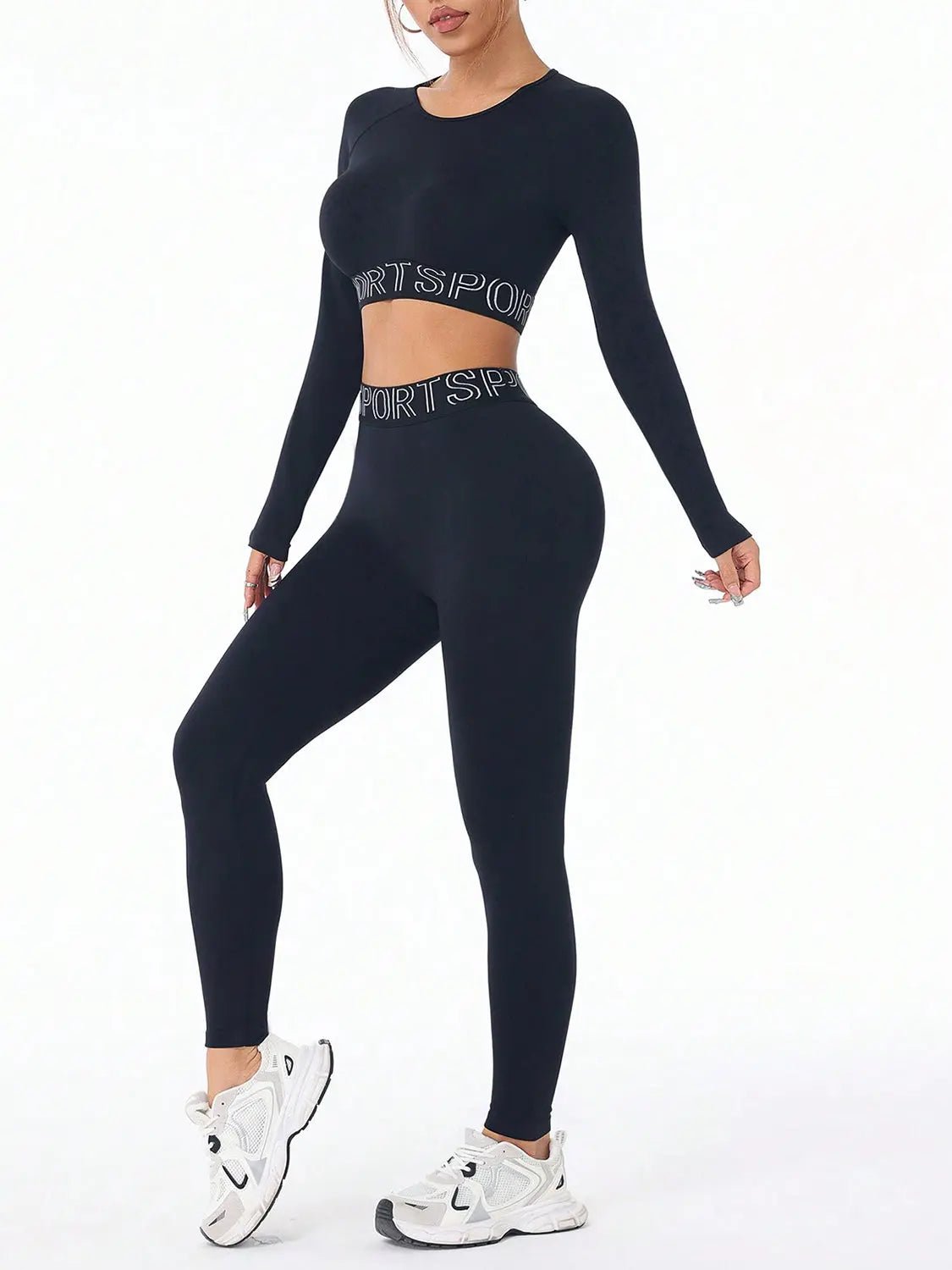 Letter Print Round Neck Long Sleeve Top and Leggings Active Set - GlossiChic CollectionActivewear