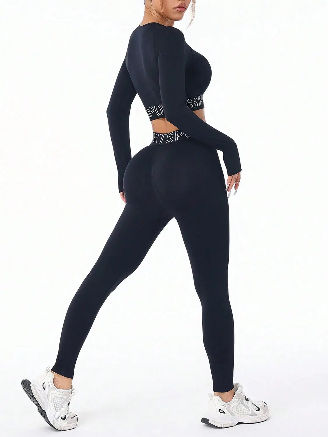 Letter Print Round Neck Long Sleeve Top and Leggings Active Set - GlossiChic CollectionActivewear